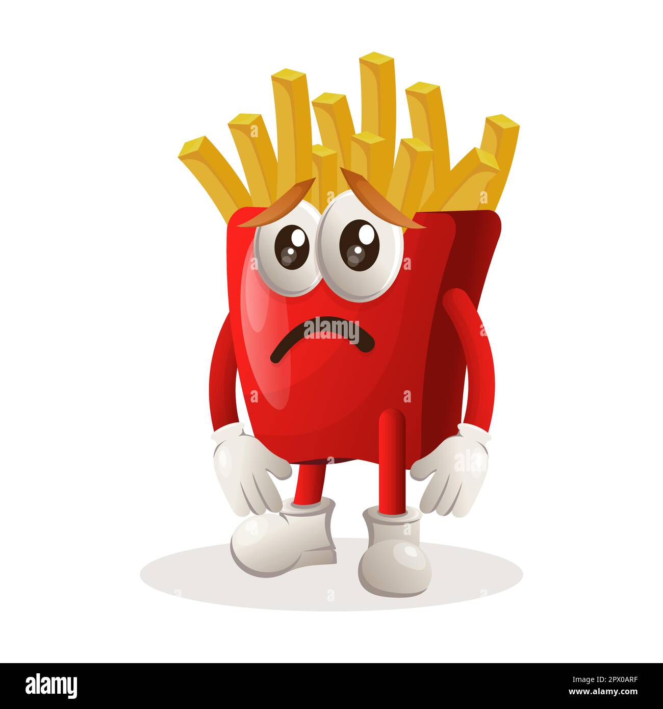 Mascotte di patatine fritte carine con espressione triste. Perfetto per negozi di alimentari, piccole aziende o e-commerce, merchandising e adesivi, promozione banner, food re Illustrazione Vettoriale