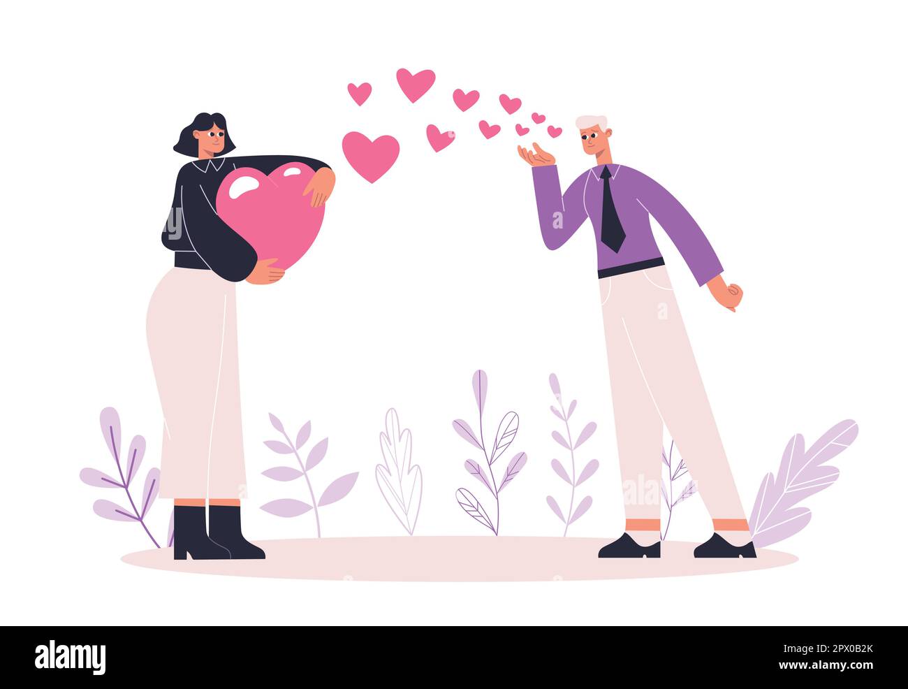 Le persone condividono l'amore, i personaggi che portano il cuore, i messaggi d'amore. Giovane coppia innamorata, personaggi maschili e femminili con relazioni romantiche, Illustrazione Vettoriale