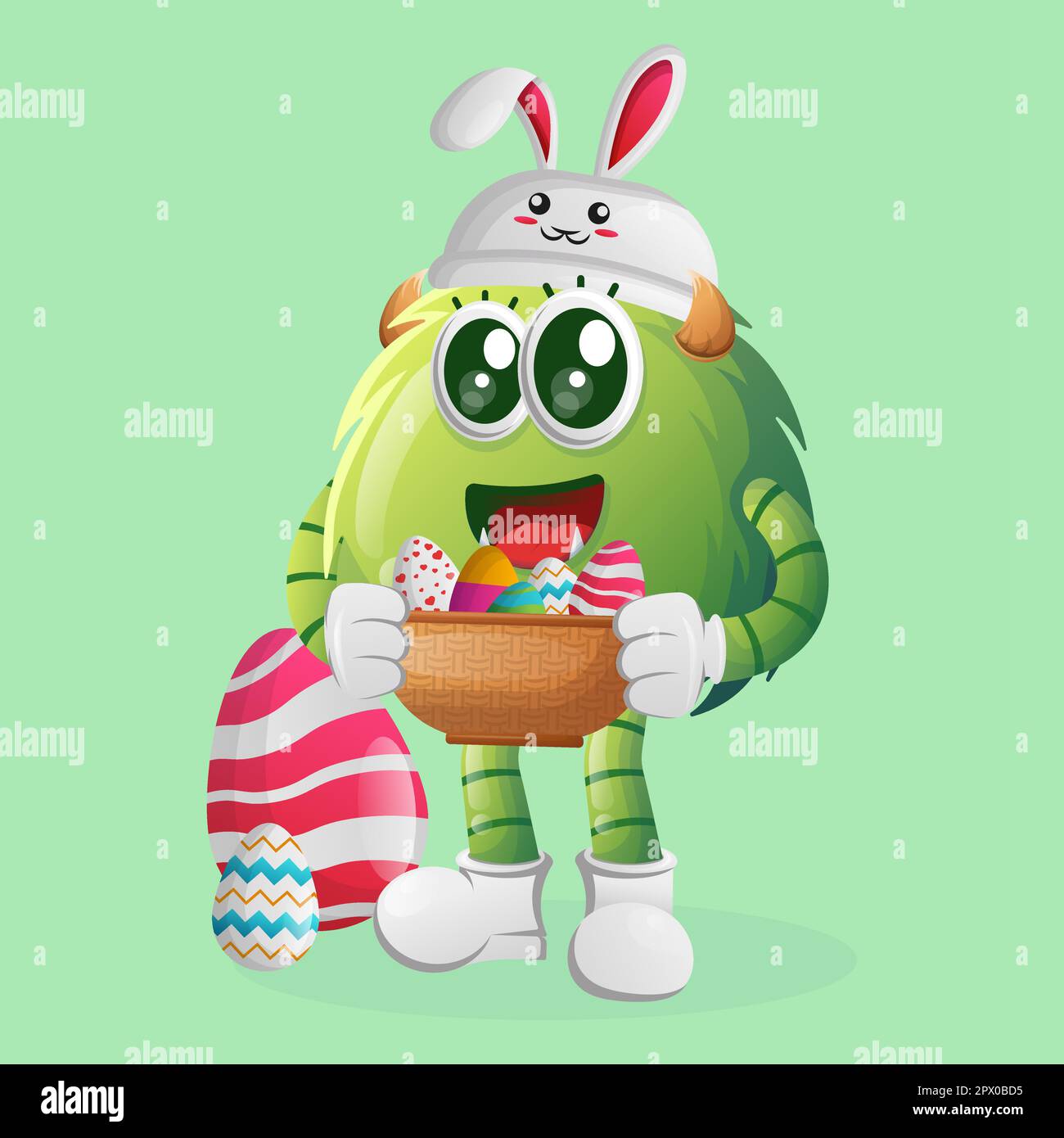 Un simpatico mostro verde che indossa il cappello da coniglio e che tiene l'uovo di pasqua nel cestino. Perfetto per bambini, piccole aziende o e-commerce, articoli e adesivi, b Illustrazione Vettoriale