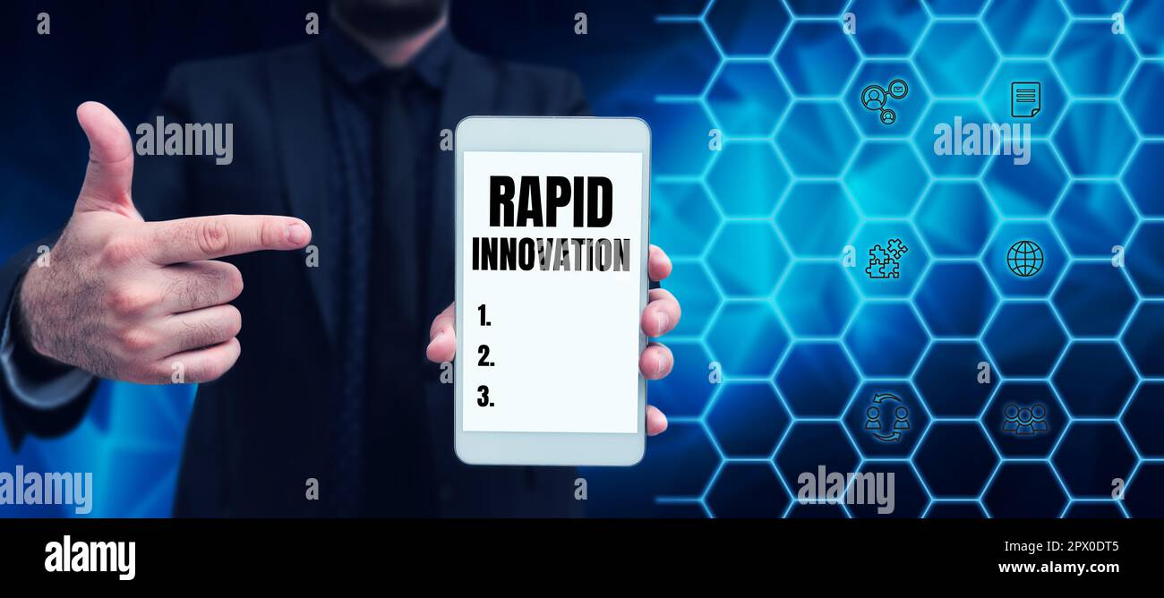 Scrittura a mano segno Rapid Innovation, Panoramica aziendale caratteristica di un sito web che algoritmi di motori di ricerca Foto Stock