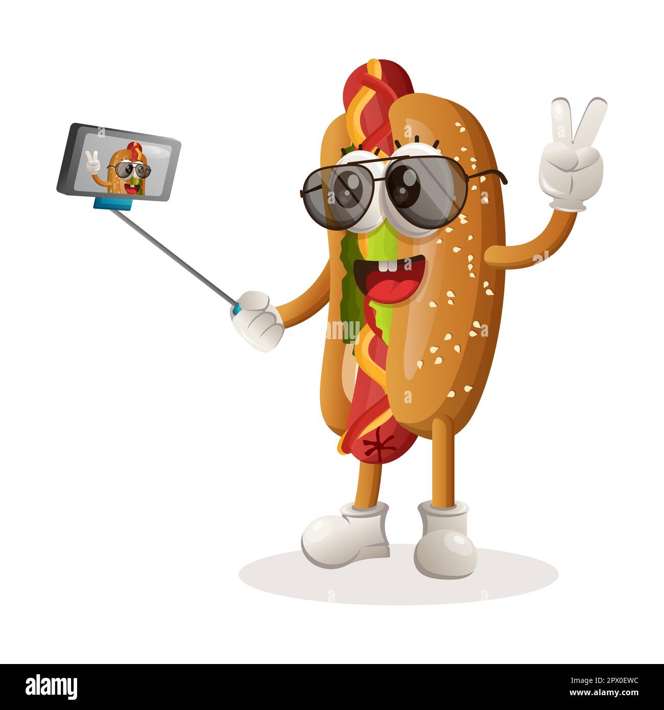 Cute hotdog mascotte prende un selfie con smartphone. Perfetto per negozi di alimentari, piccole aziende o e-commerce, merchandising e adesivi, promozione banner, fo Illustrazione Vettoriale