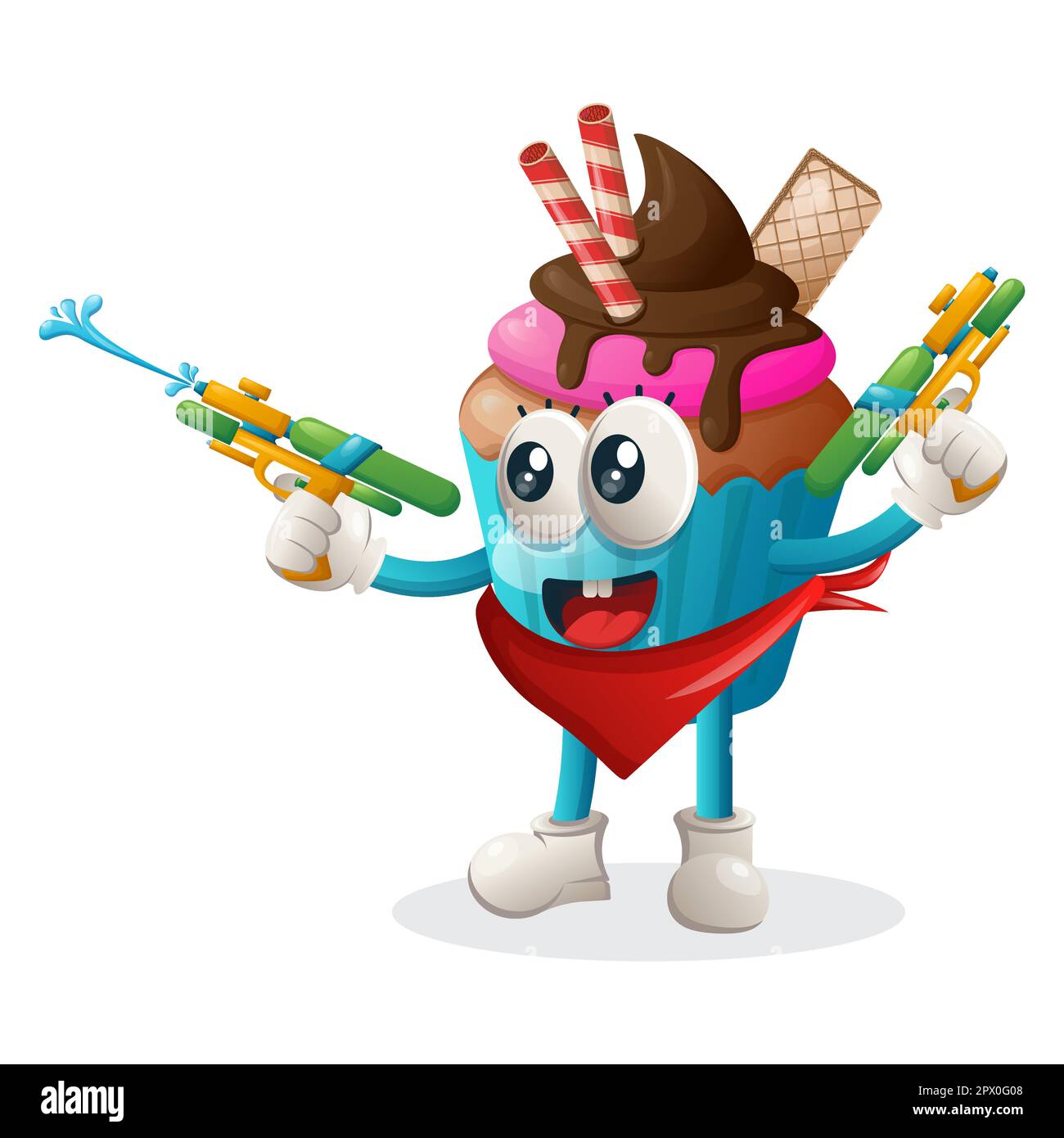 Cute cupcake mascotte giocare con pistola d'acqua giocattolo. Perfetto per negozi di alimentari, piccole aziende o e-commerce, merchandising e adesivi, promozione banner, cibo Illustrazione Vettoriale