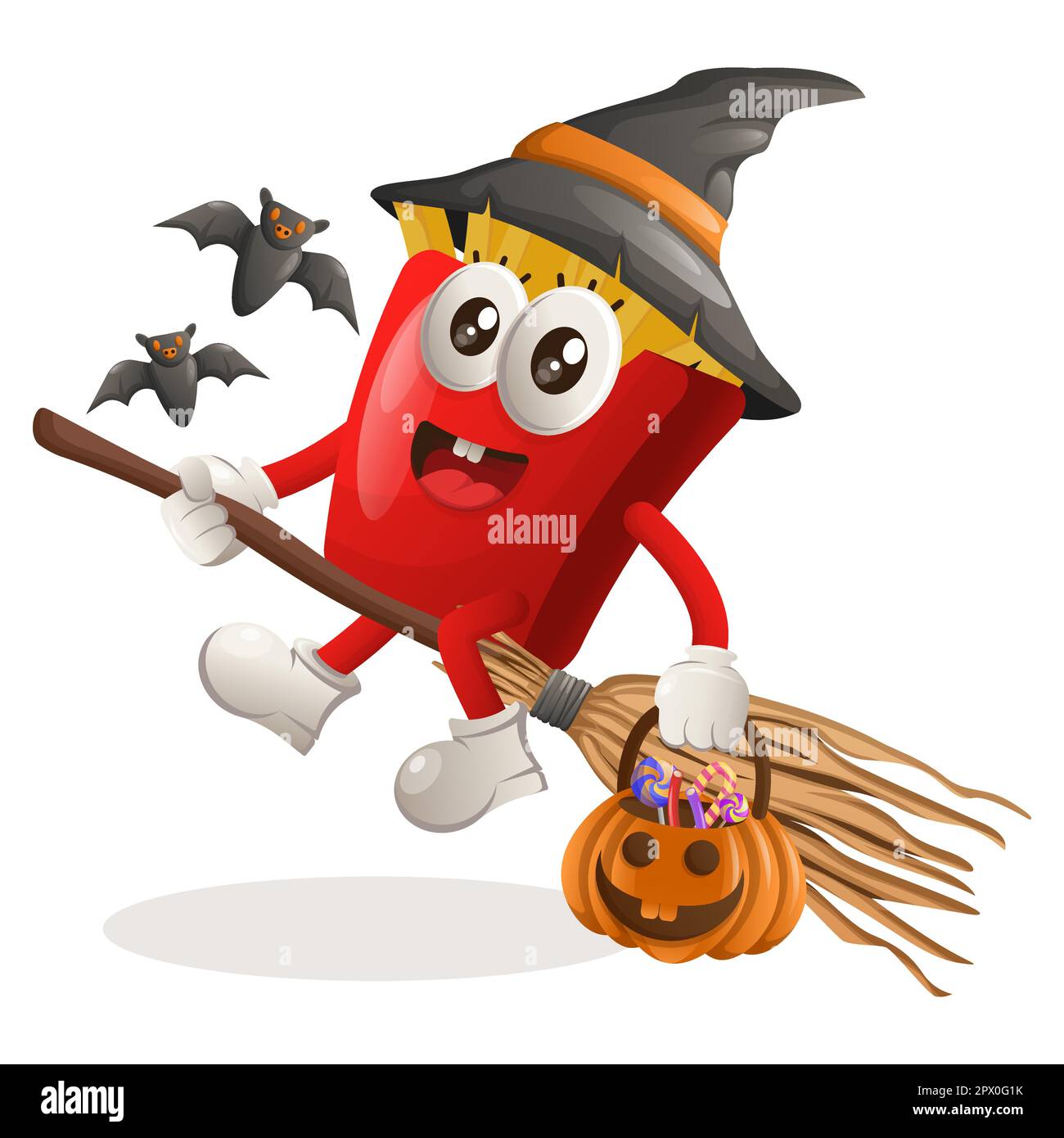 Simpatica mascotte di patatine fritte con zucca di Halloween con caramella su di essa. Perfetto per negozi di alimentari, piccole aziende o e-commerce, merchandise e. Illustrazione Vettoriale