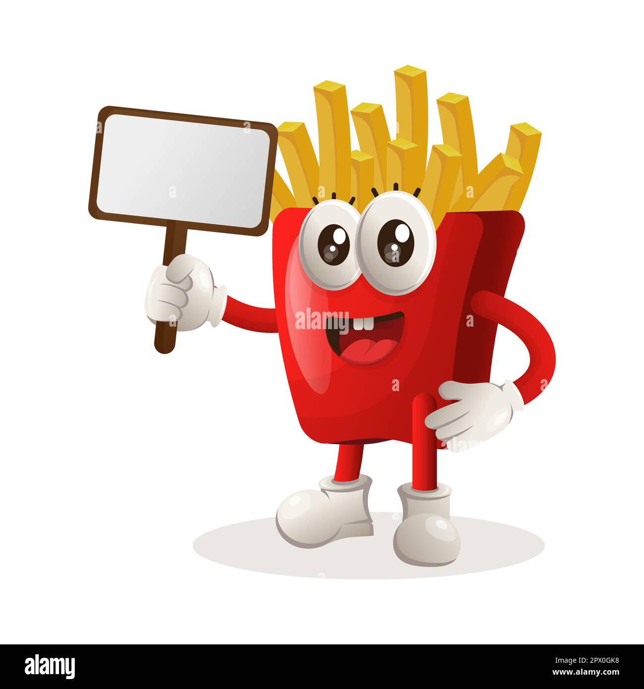Carino patatine fritte mascotte che tiene affissioni per la vendita. Perfetto per negozi di alimentari, piccole aziende o e-commerce, merchandising e adesivi, promozione banner, Illustrazione Vettoriale