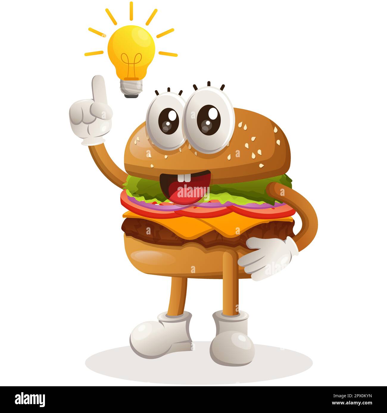 Simpatico burger mascotte design ha un'idea, lampadina idea, ispirazione. Burger cartoon mascotte personaggio design. Cibo delizioso con formaggio, verdure e carne Illustrazione Vettoriale