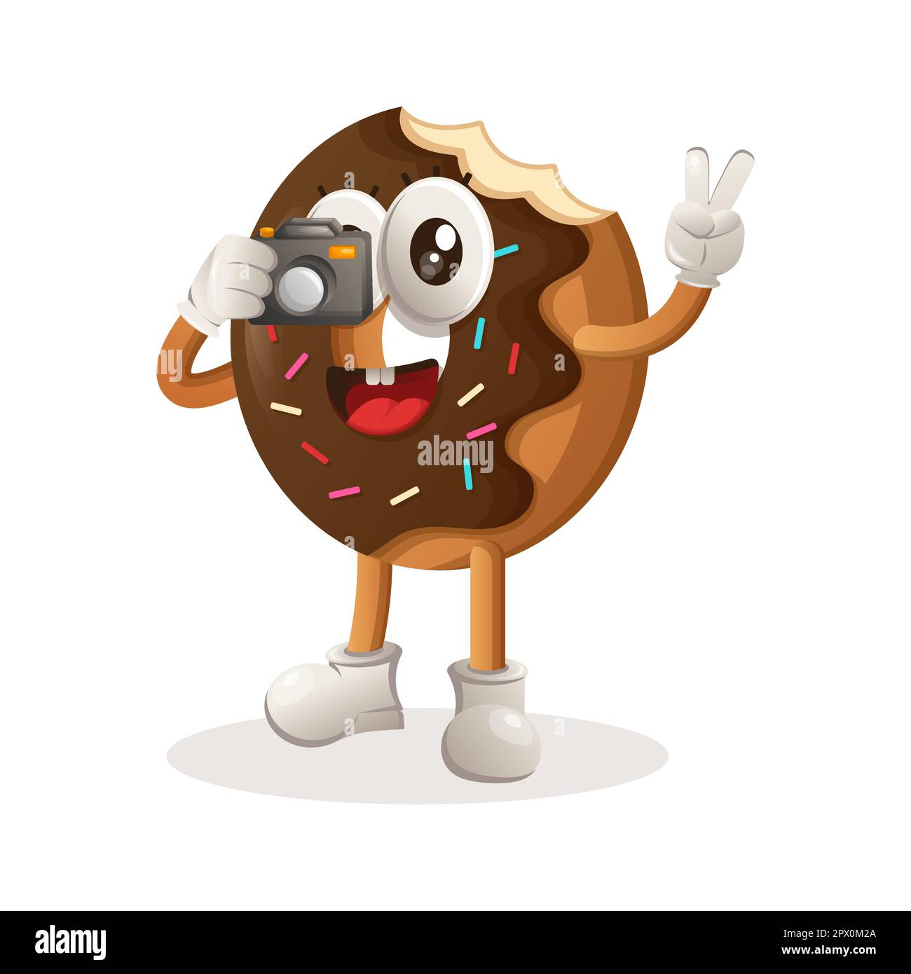 Bella mascotte donut scattare foto con la fotocamera. Perfetto per negozi di alimentari, piccole aziende o e-commerce, merchandising e adesivi, promozione banner, food revi Illustrazione Vettoriale