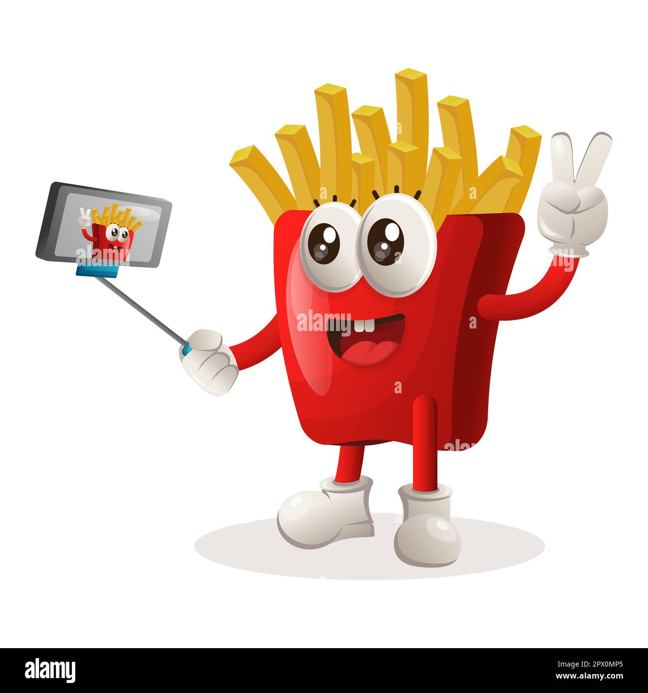 La mascotte di patatine fritte graziosa prende un selfie con smartphone. Perfetto per negozi di alimentari, piccole aziende o e-commerce, articoli di merchandising e adesivi, promozioni banner Illustrazione Vettoriale