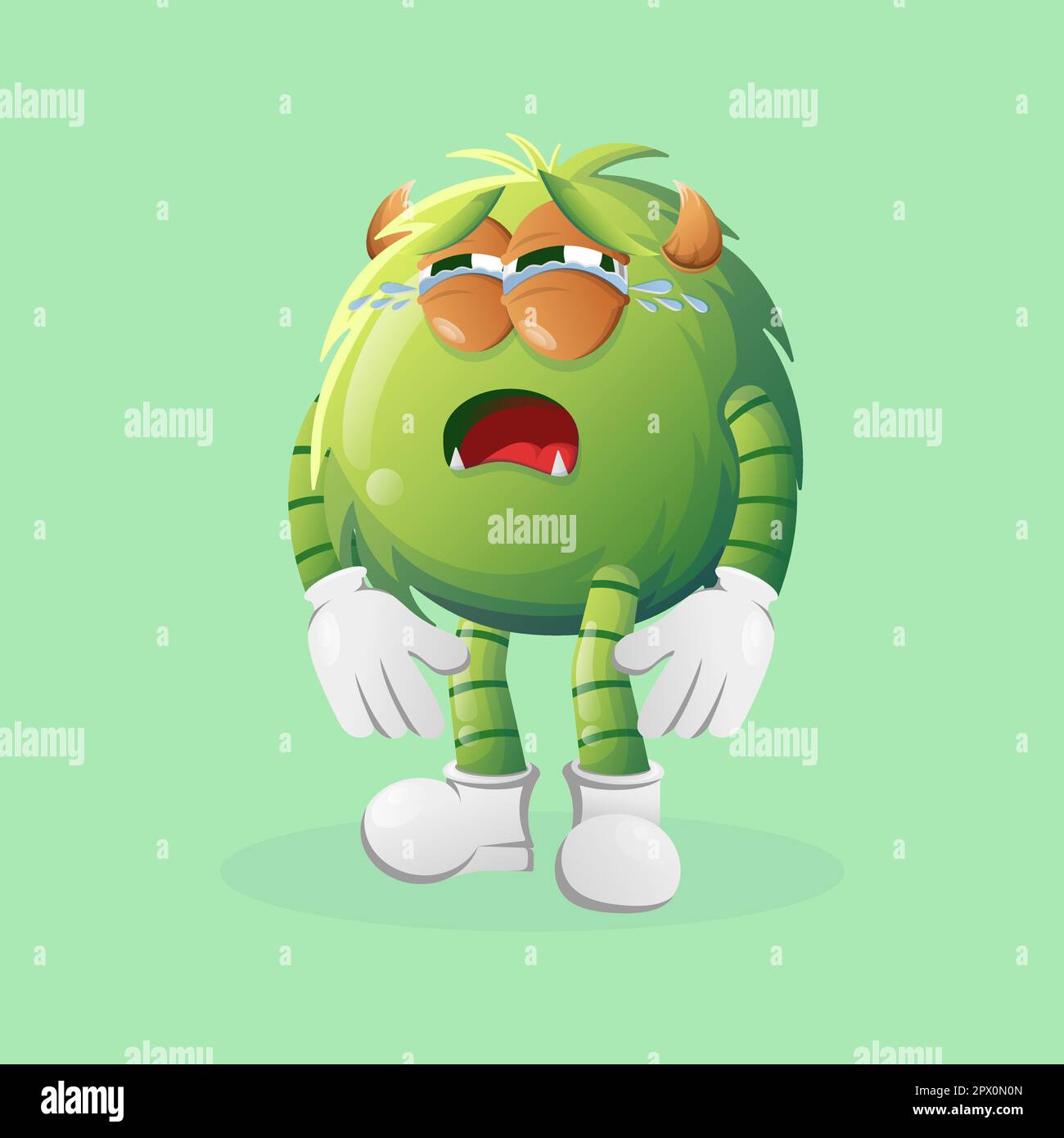 Simpatico mostro verde piangendo. Ideale per bambini, piccole aziende o e-commerce, merchandising e adesivi, promozione banner, blog o canale vlog Illustrazione Vettoriale