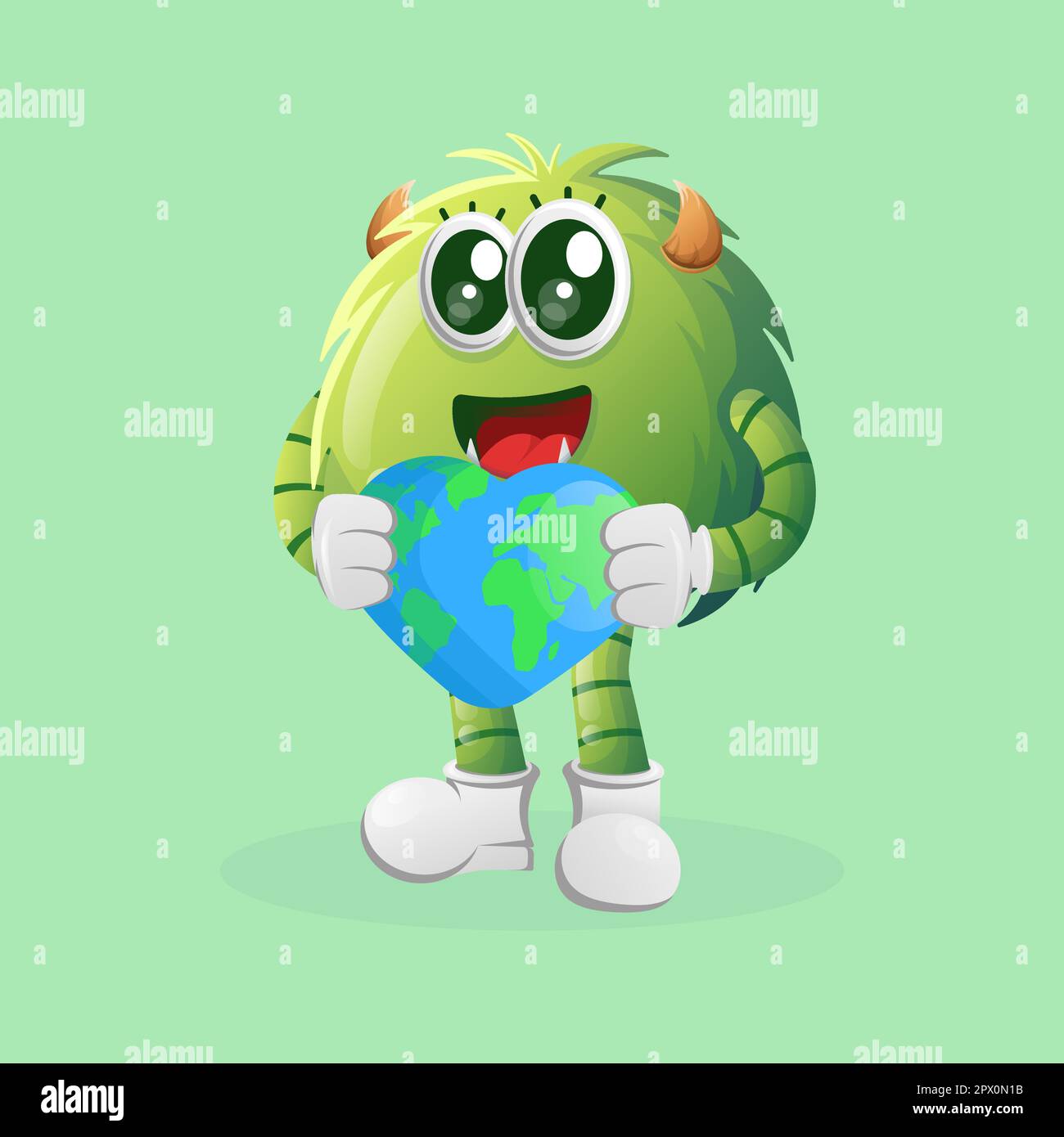 Mostro verde carino che tiene la terra con la forma d'amore. Perfetto per bambini, piccole imprese o e-commerce, merchandising e adesivi, promozione banner, blog o v Illustrazione Vettoriale