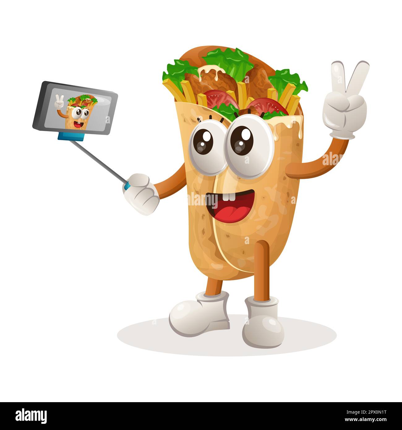 Cute burrito mascotte prende un selfie con smartphone. Perfetto per negozi di alimentari, piccole aziende o e-commerce, merchandising e adesivi, promozione banner, f Illustrazione Vettoriale