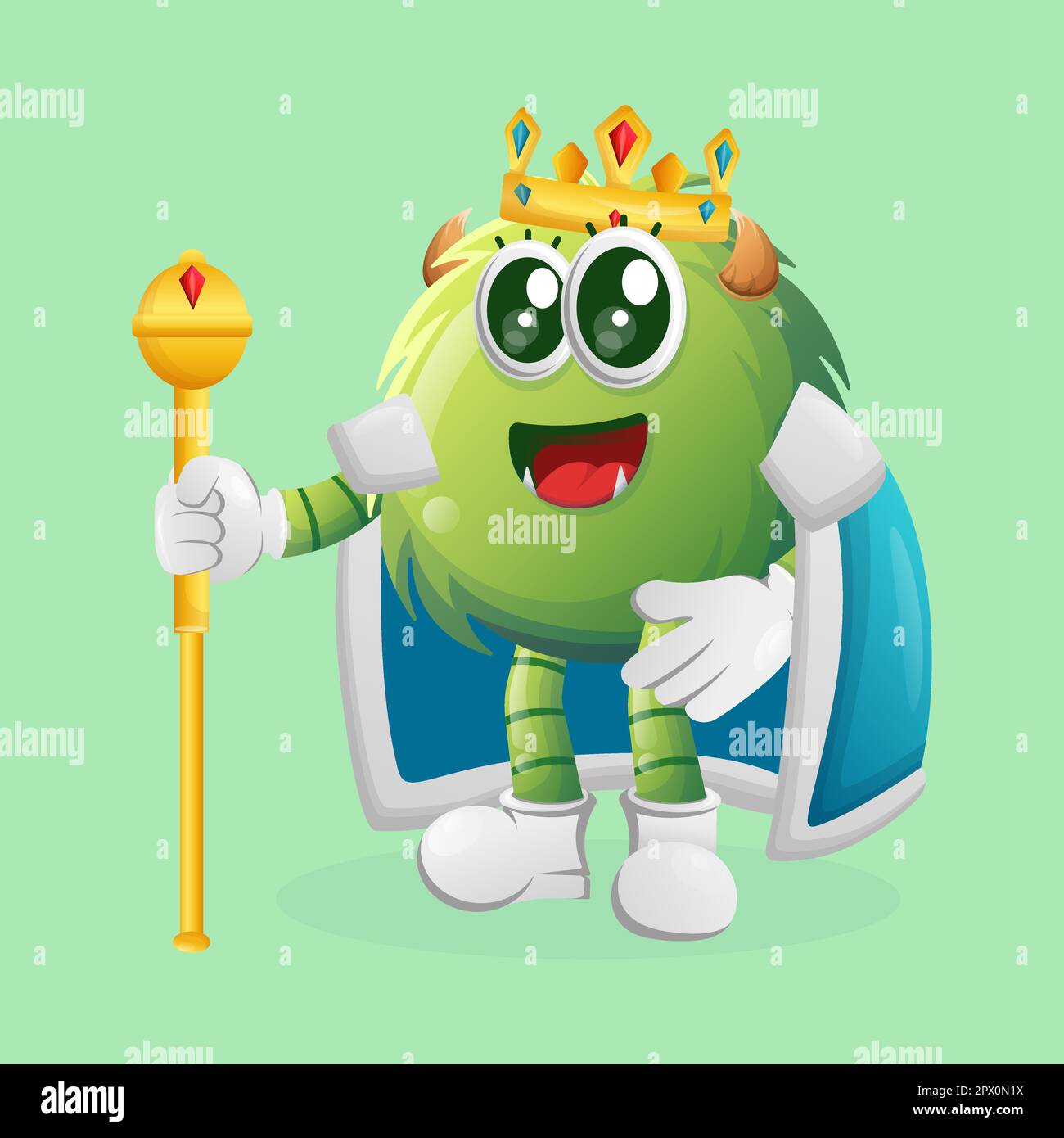 Carino re mostro verde. Ideale per bambini, piccole aziende o e-commerce, merchandising e adesivi, promozione banner, blog o canale vlog Illustrazione Vettoriale