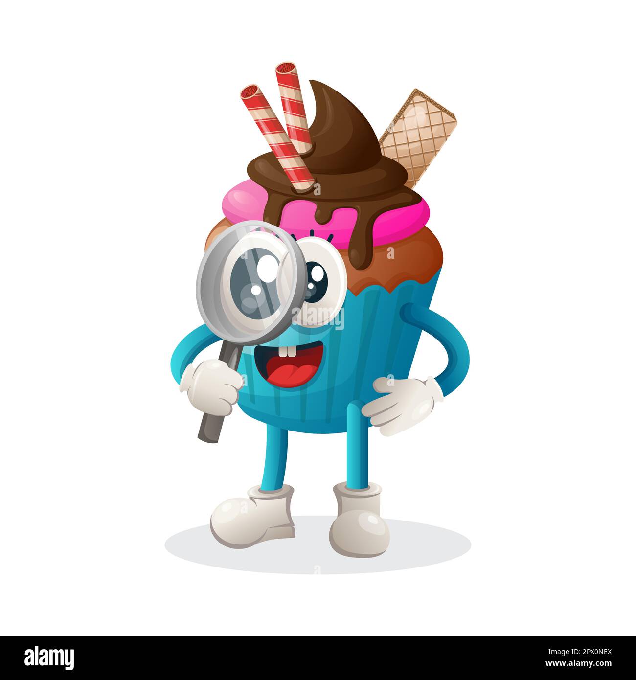 Cute cupcake mascotte condurre la ricerca, tenendo una lente d'ingrandimento. Perfetto per negozi di alimentari, piccole aziende o e-commerce, articoli di merchandising e adesivi, ba Illustrazione Vettoriale