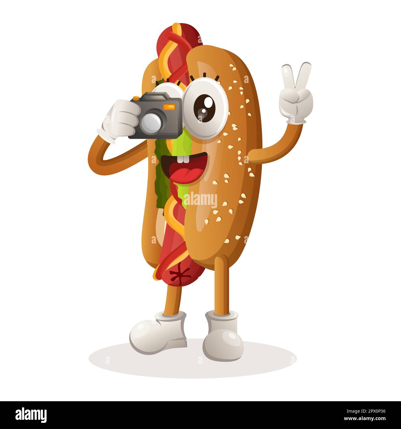 Cute hotdog mascotte scattare foto con la macchina fotografica. Perfetto per negozi di alimentari, piccole aziende o e-commerce, merchandising e adesivi, promozione banner, rev food Illustrazione Vettoriale