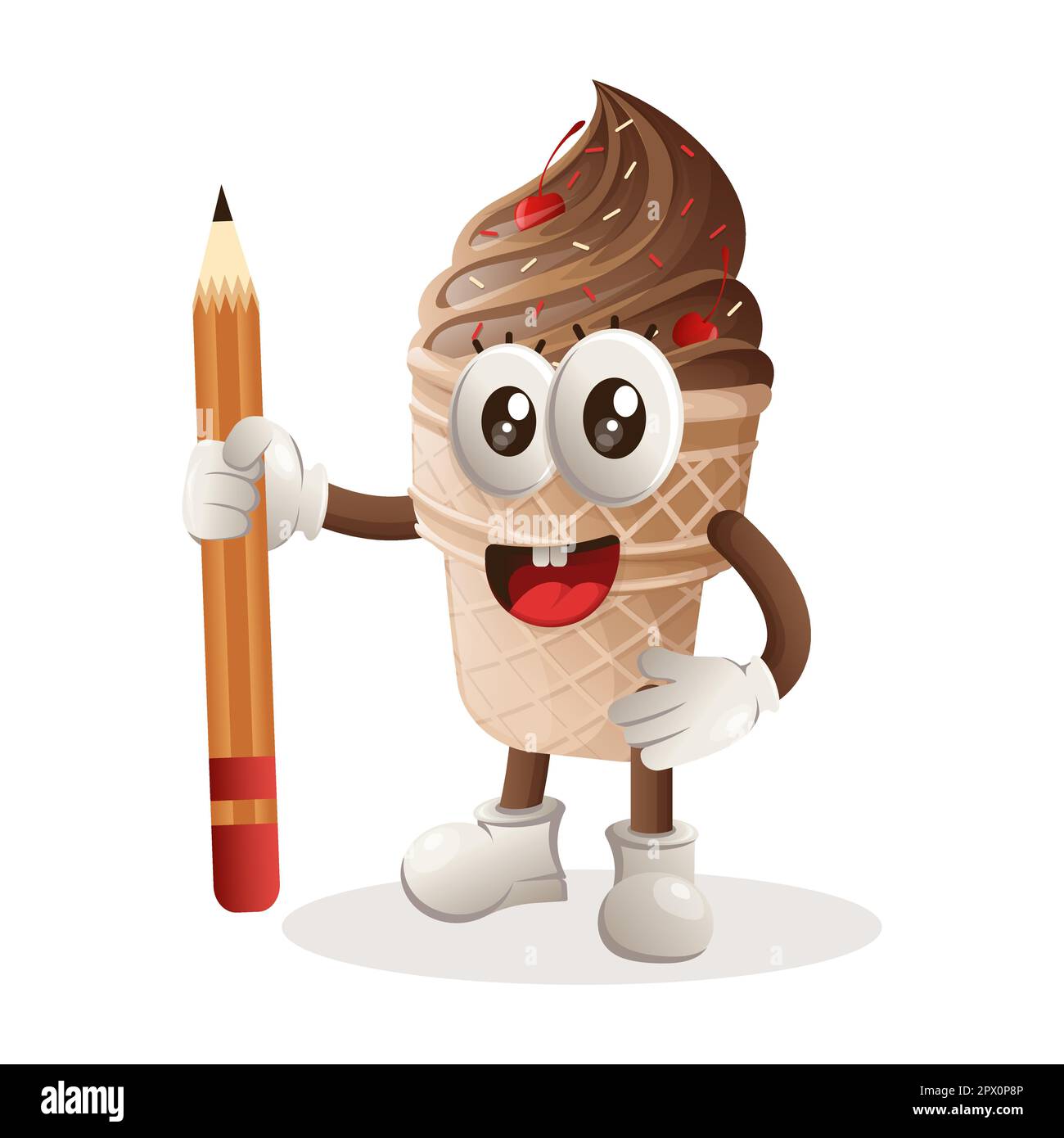 Mascotte di gelato carino che tiene la matita. Ideale per bambini, piccole aziende o e-commerce, merchandising e adesivi, promozione banner, blog o canale vlog Illustrazione Vettoriale