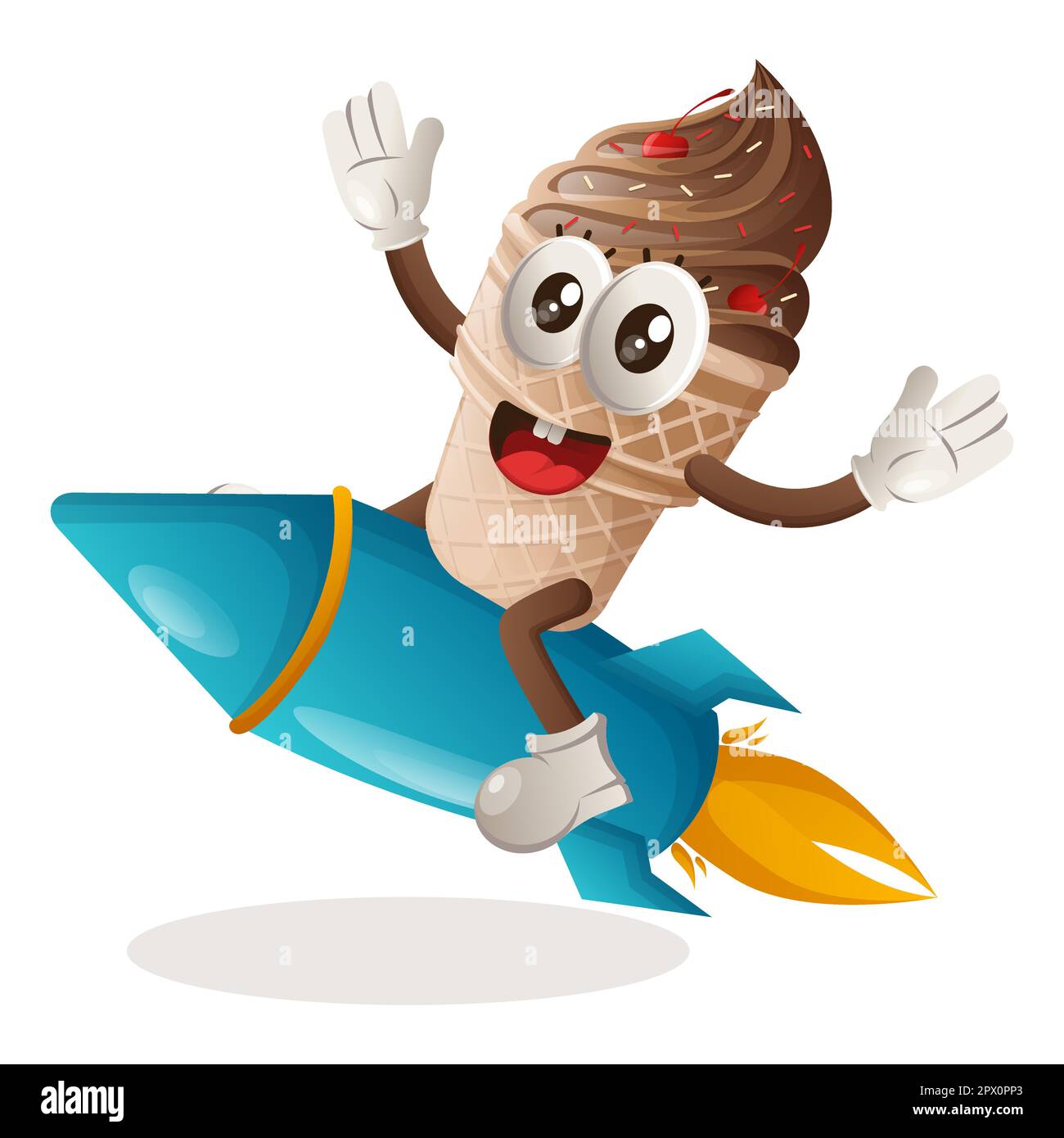 Mascotte gelato carino volare sul razzo. Perfetto per negozi di alimentari, piccole aziende o e-commerce, merchandising e adesivi, promozione banner, recensione cibo b Illustrazione Vettoriale