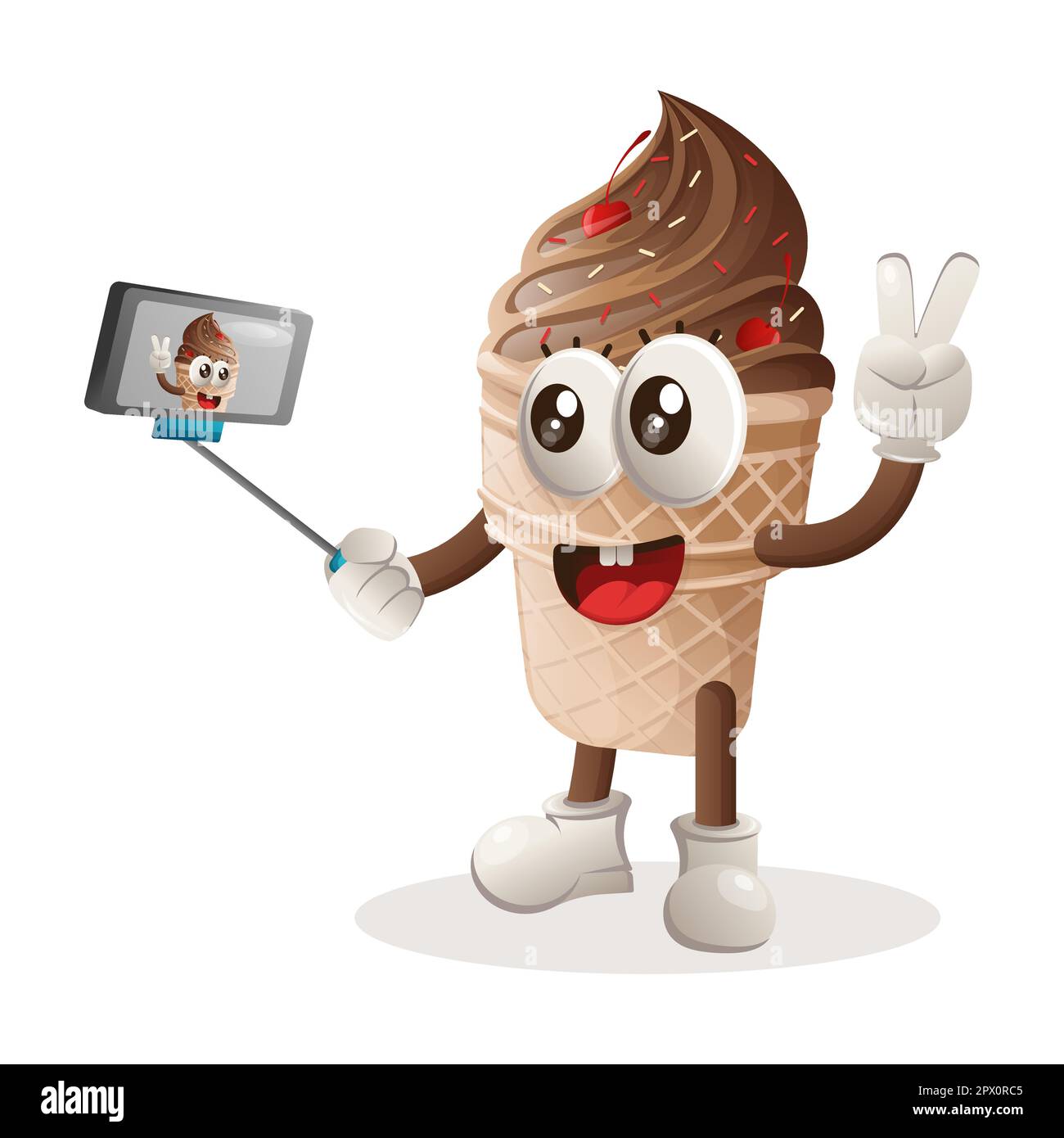La mascotte del gelato carina prende un selfie con lo smartphone. Perfetto per negozi di alimentari, piccole aziende o e-commerce, merchandising e adesivi, promozione banner, Illustrazione Vettoriale
