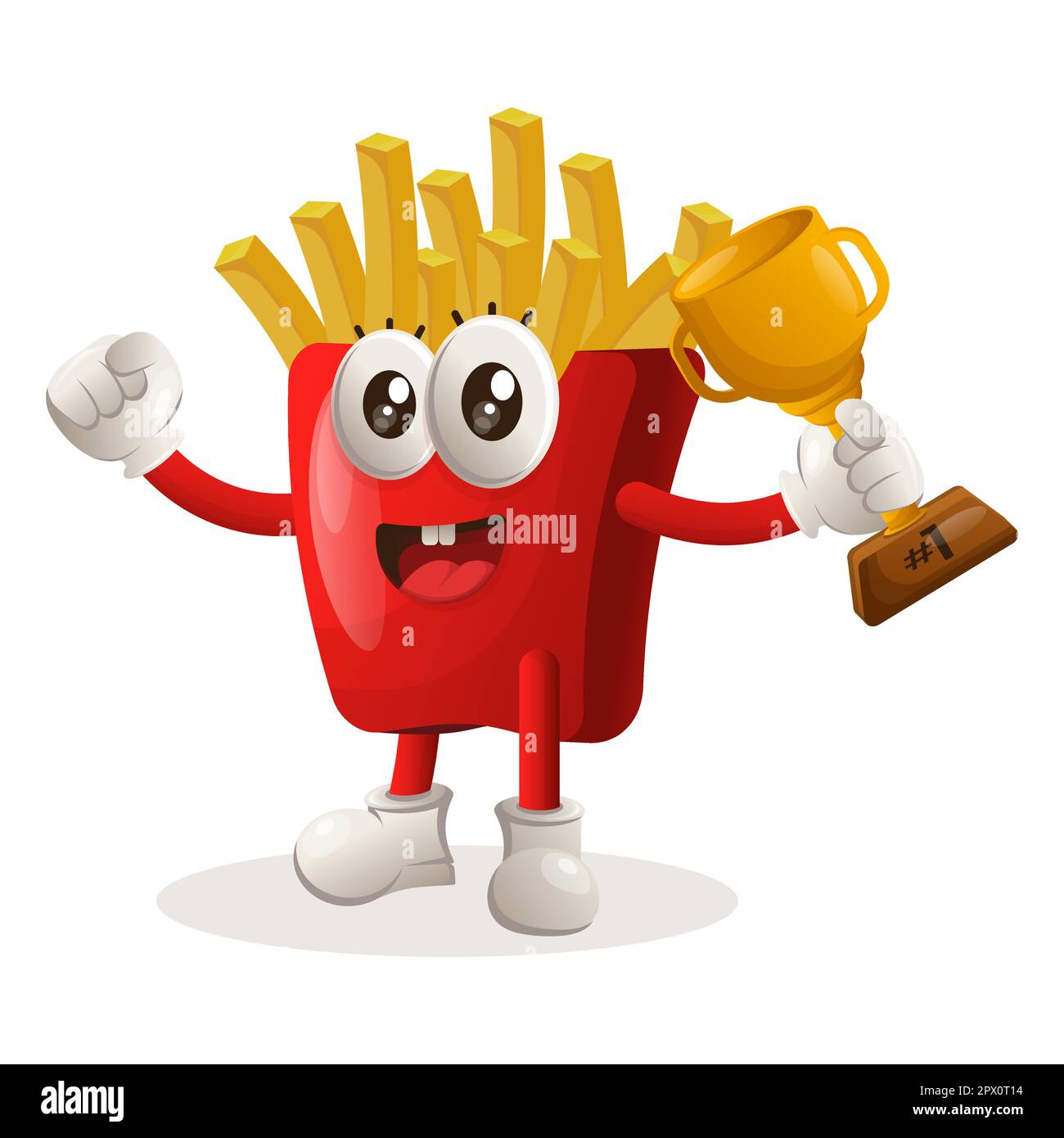 Carino patatine fritte mascotte vincitore premio e celebrare il successo. Perfetto per negozi di alimentari, piccole aziende o e-commerce, merchandising e adesivi, banner Illustrazione Vettoriale