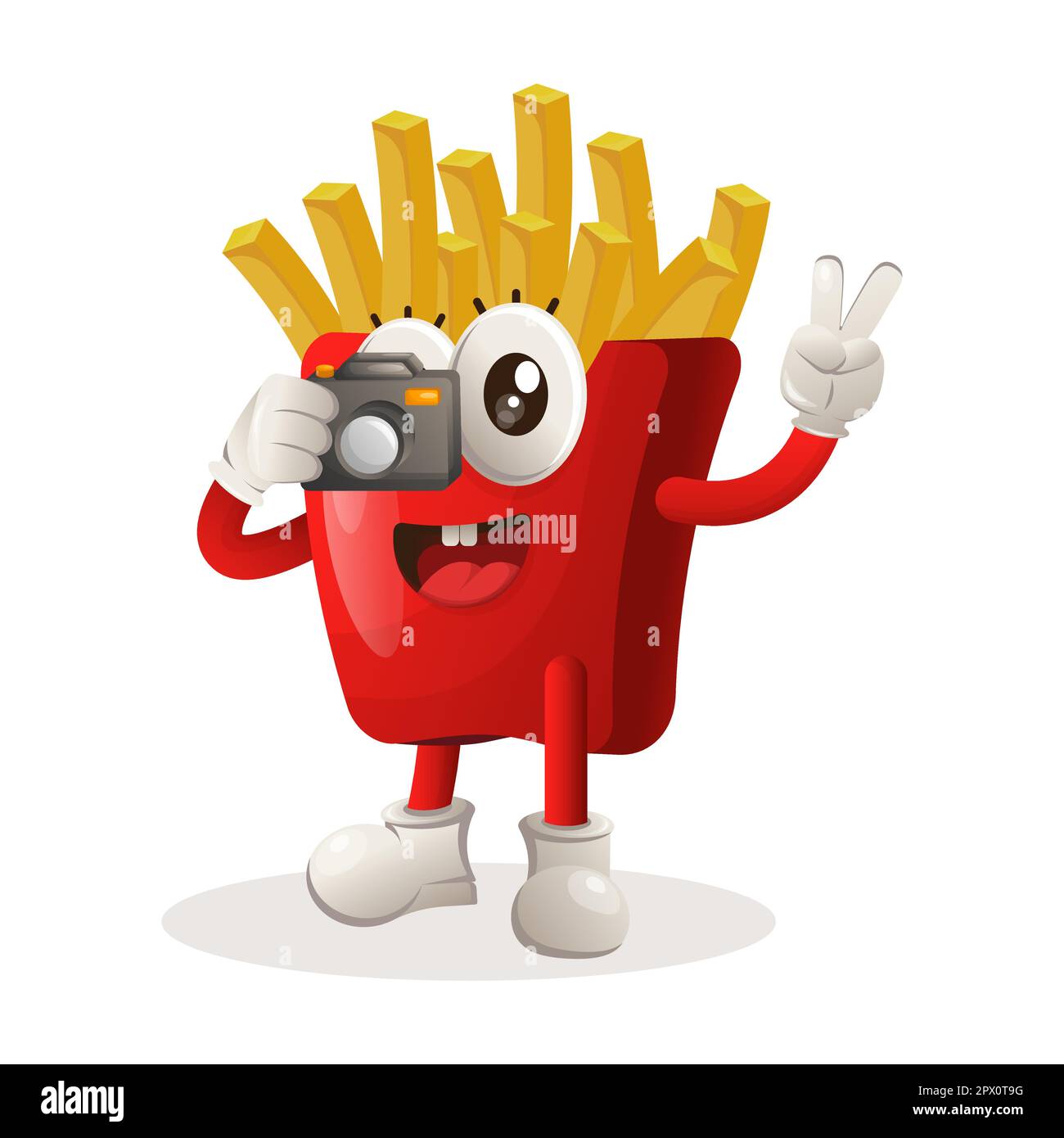 Simpatica mascotte di patatine fritte scattando foto con la fotocamera. Perfetto per negozi di alimentari, piccole aziende o e-commerce, merchandising e adesivi, promozione banner, fo Illustrazione Vettoriale