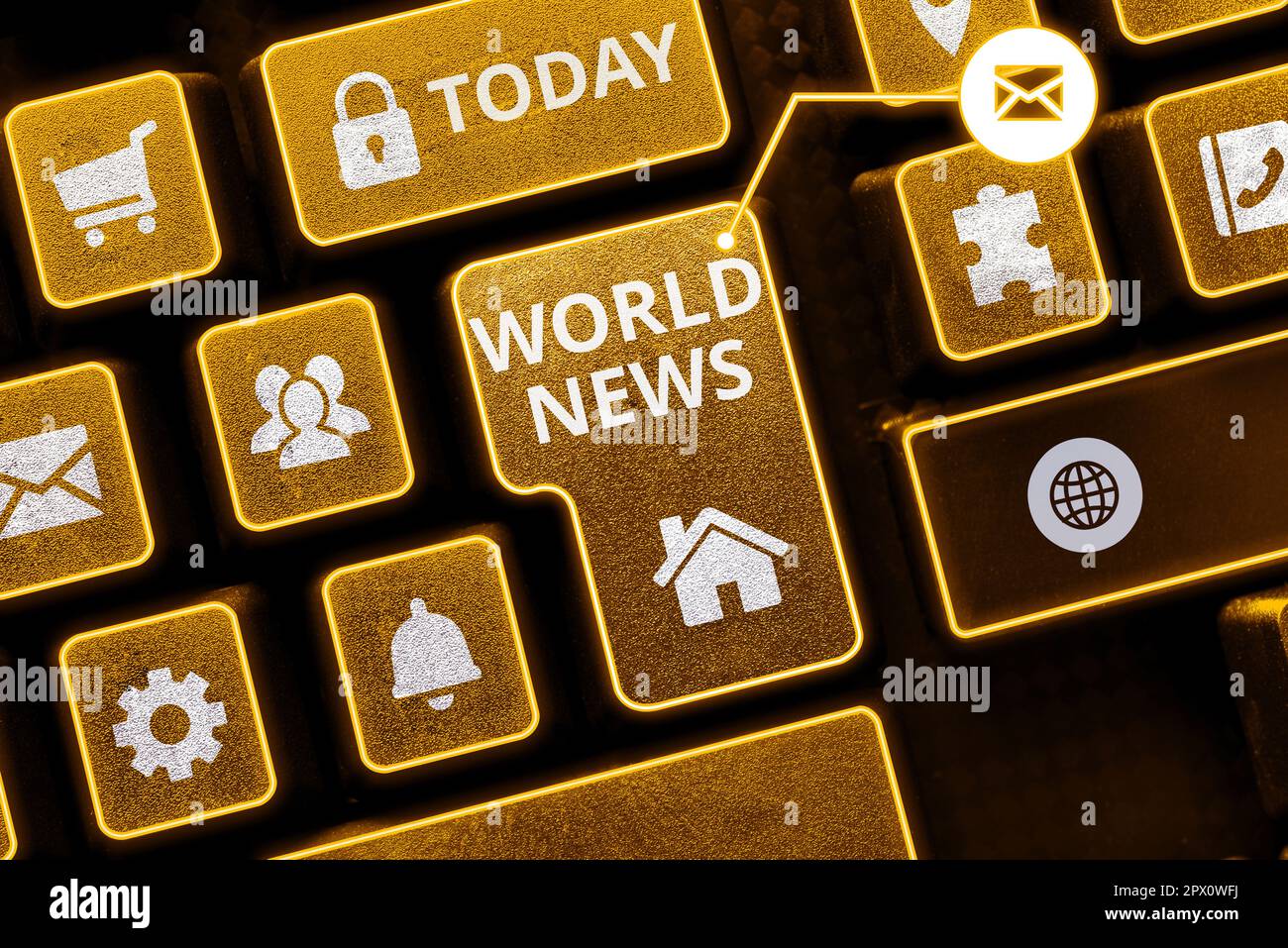 Visualizzazione concettuale World News, Internet Concept informazioni globali importanti su eventi recenti o importanti Foto Stock