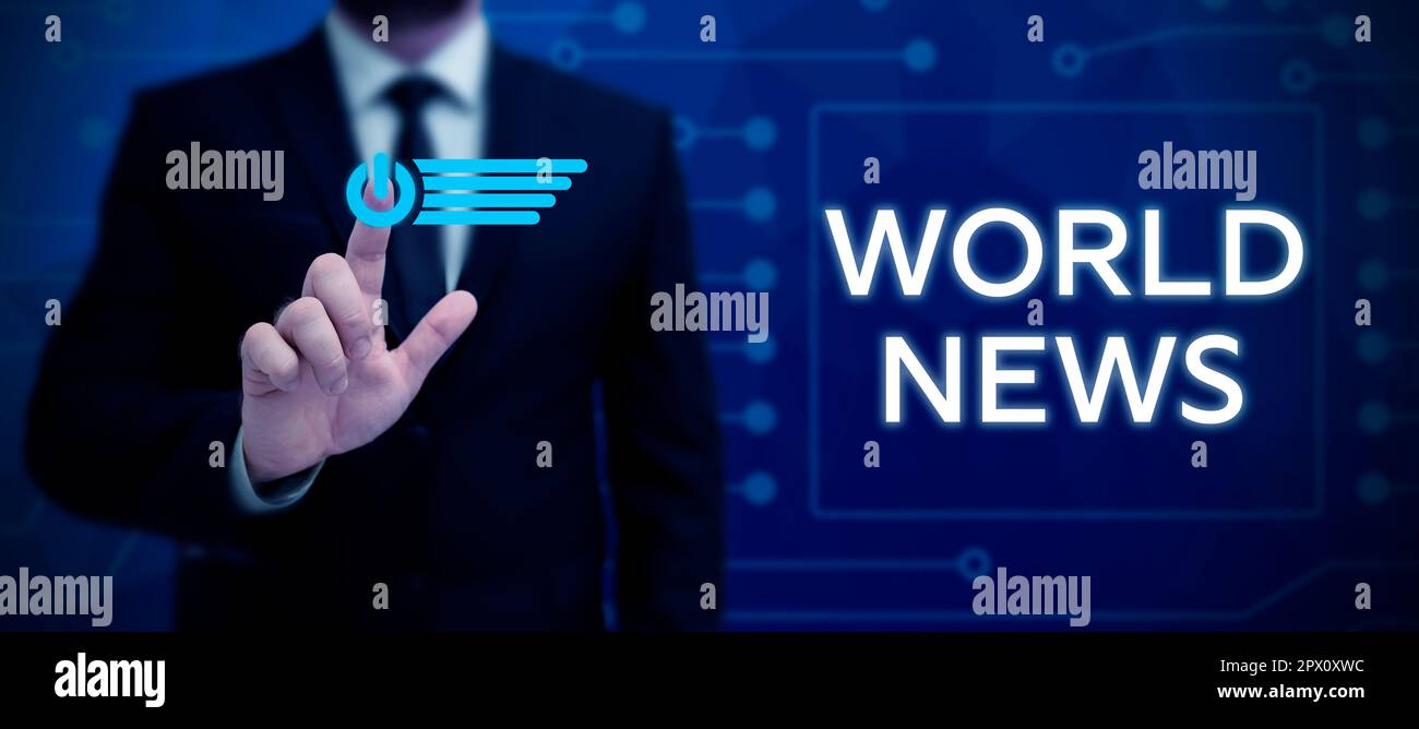 Scrittura a mano di testo World News, concetto che significa informazioni globali notevoli su eventi recenti o importanti Foto Stock