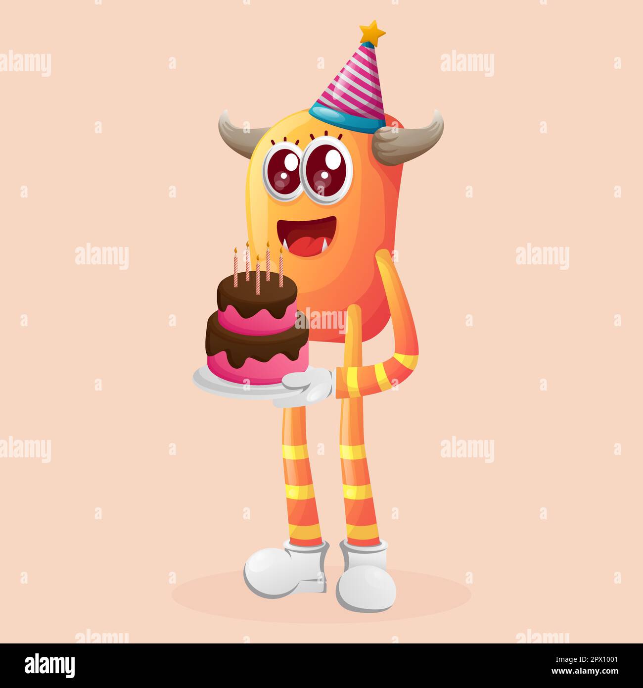 Un simpatico mostro arancione che indossa un cappello di compleanno e una torta di compleanno. Perfetto per bambini, piccole aziende o e-commerce, merchandising e adesivi, banner pro Illustrazione Vettoriale