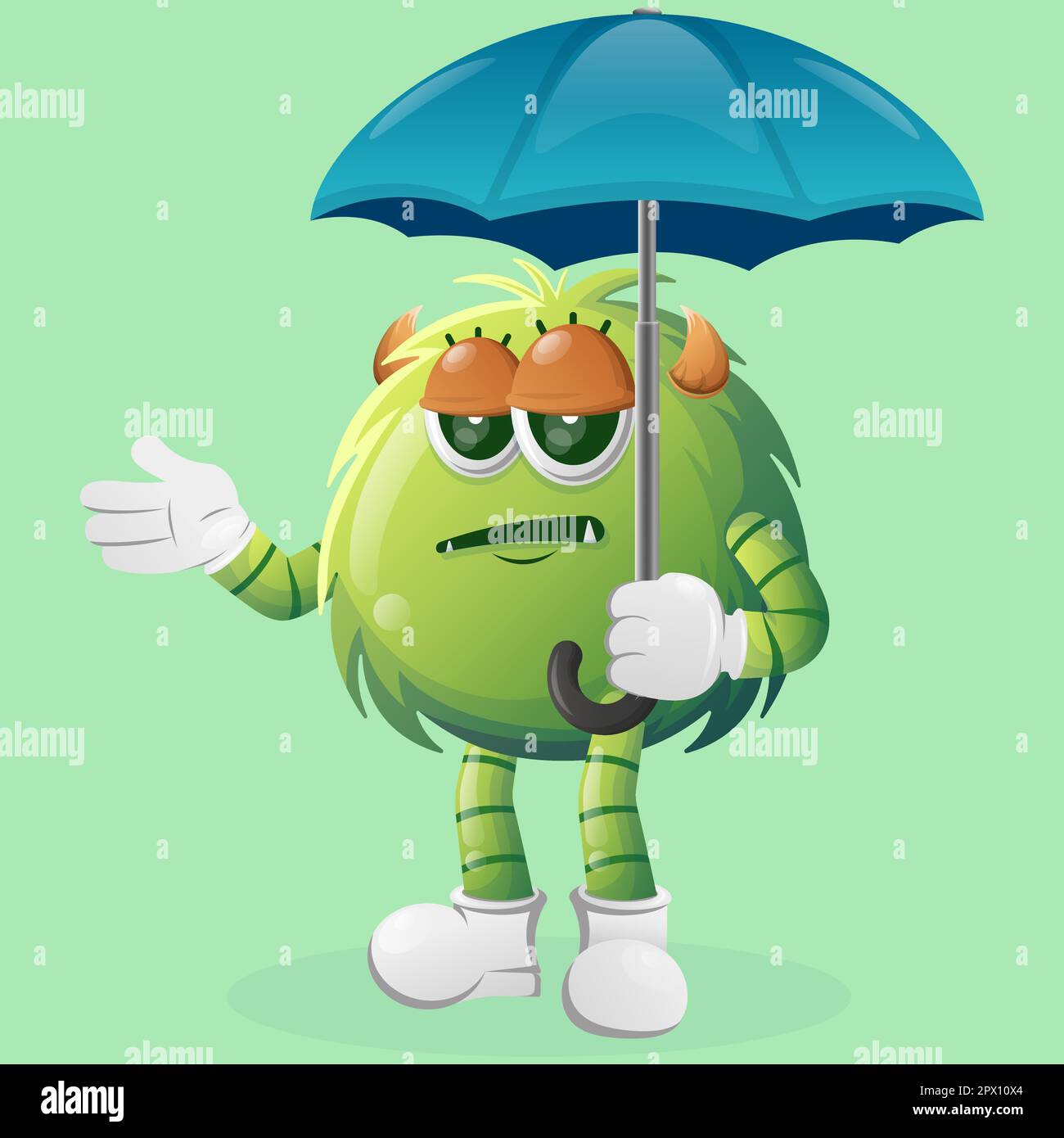 Carino mostro verde che regge ombrello con espressione boblue. Perfetto per bambini, piccole aziende o e-commerce, merchandising e adesivi, promozione banner, Illustrazione Vettoriale