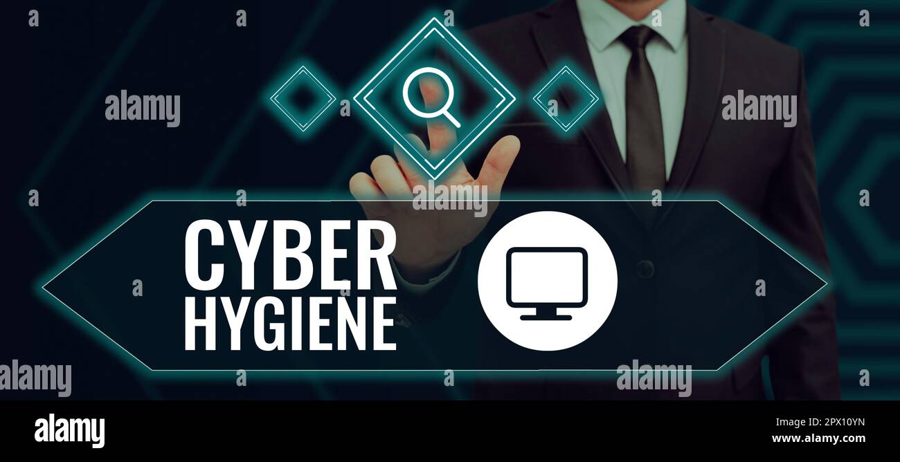 Didascalia concettuale Cyber Hygiene, Word per le misure che gli utenti di computer adottano per migliorare la loro sicurezza informatica Foto Stock