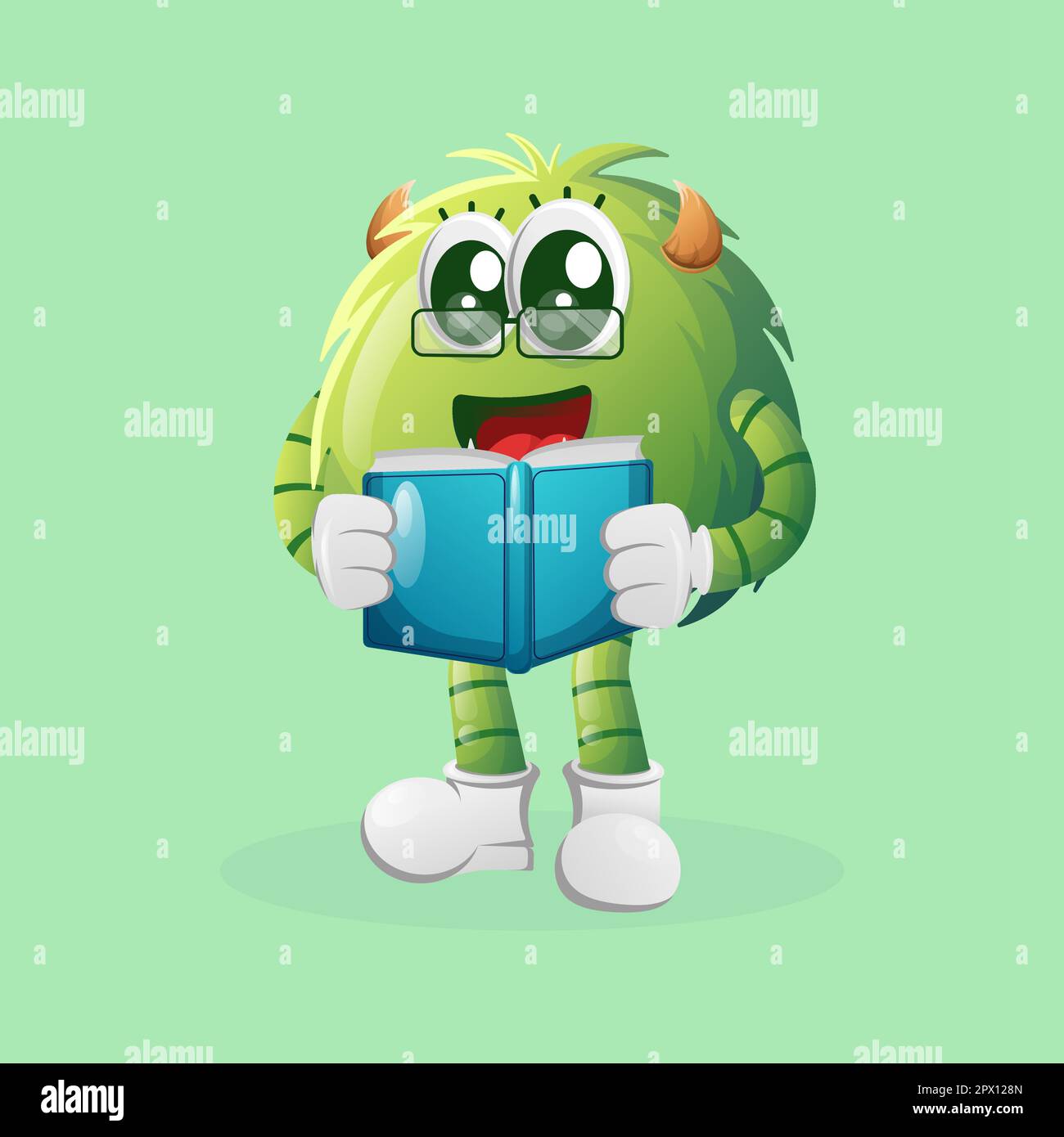 Simpatico mostro verde che legge un libro. Ideale per bambini, piccole aziende o e-commerce, merchandising e adesivi, promozione banner, blog o canale vlog Illustrazione Vettoriale