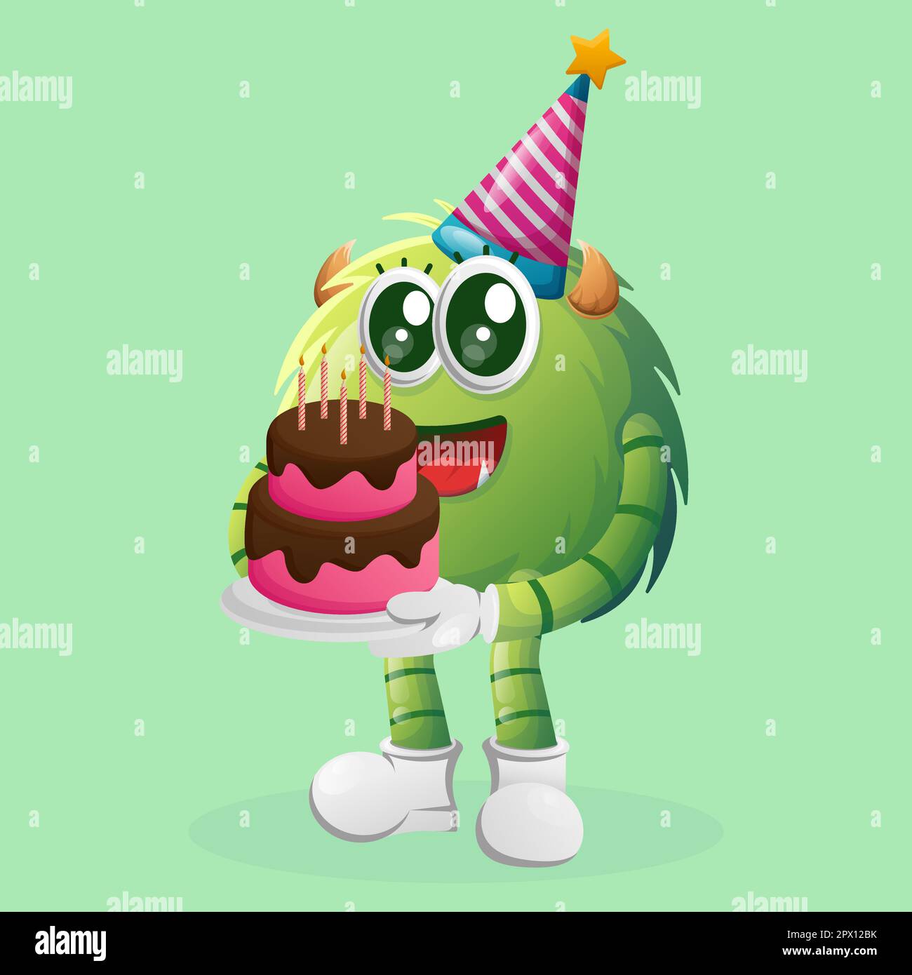 Mostro verde carino che indossa un cappello di compleanno, tenendo torta di compleanno. Ideale per bambini, piccole aziende o e-commerce, merchandising e adesivi, banner Illustrazione Vettoriale