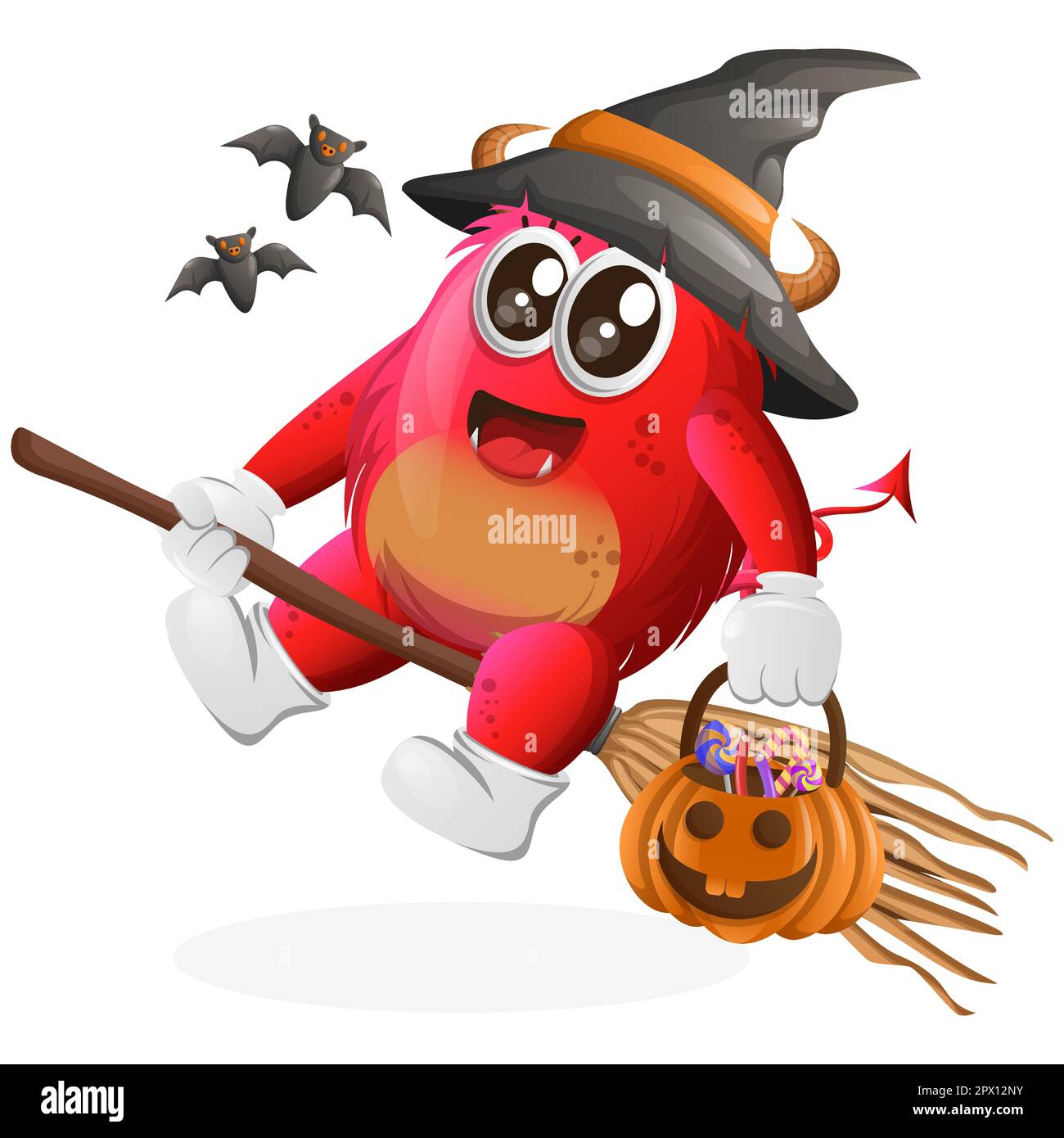 Simpatica strega rossa con zucca di Halloween con caramella su di essa. Perfetto per bambini, piccole aziende o e-commerce, merchandising e adesivi, banne Illustrazione Vettoriale