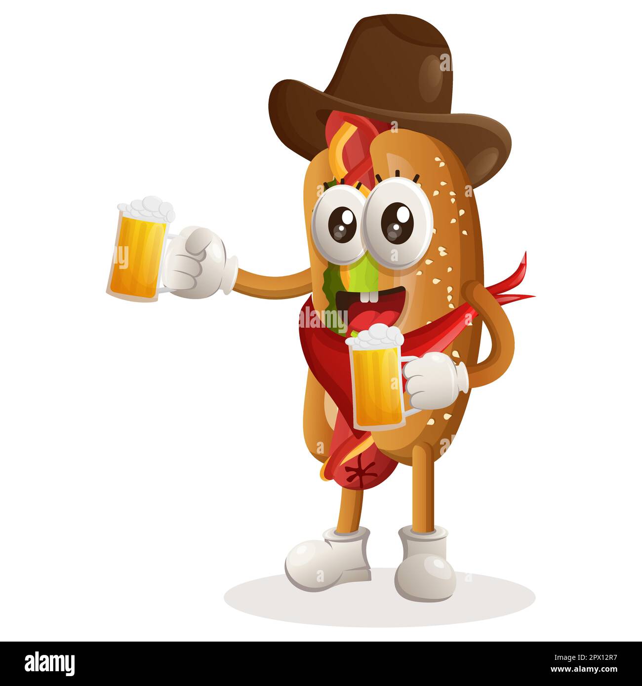 Cute hotdog mascotte celebrare oktoberfest con tenere la birra. Perfetto per negozi di alimentari, piccole aziende o e-commerce, merchandising e adesivi, banner Illustrazione Vettoriale