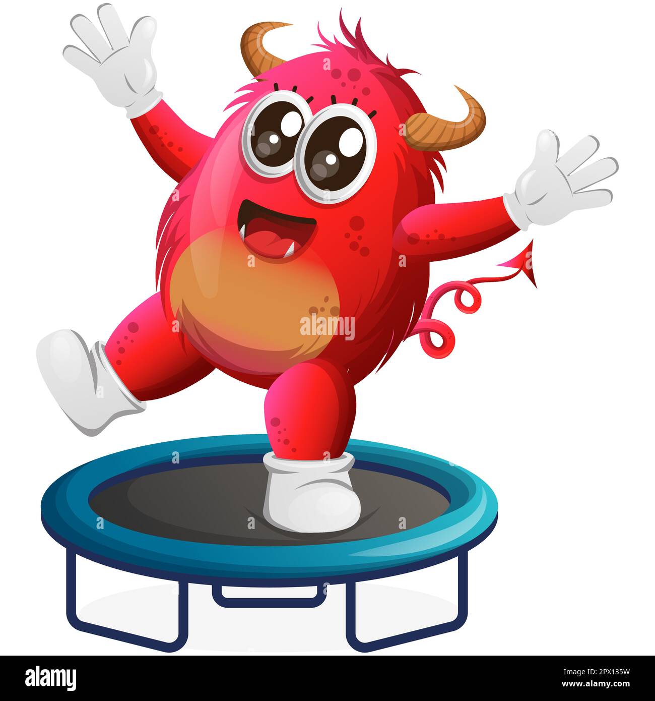 Carino mostro rosso gioco trampolino. Perfetto per bambini, piccole aziende o e-commerce, merchandise adesivi, promozione banner, blog o vlog chan Illustrazione Vettoriale