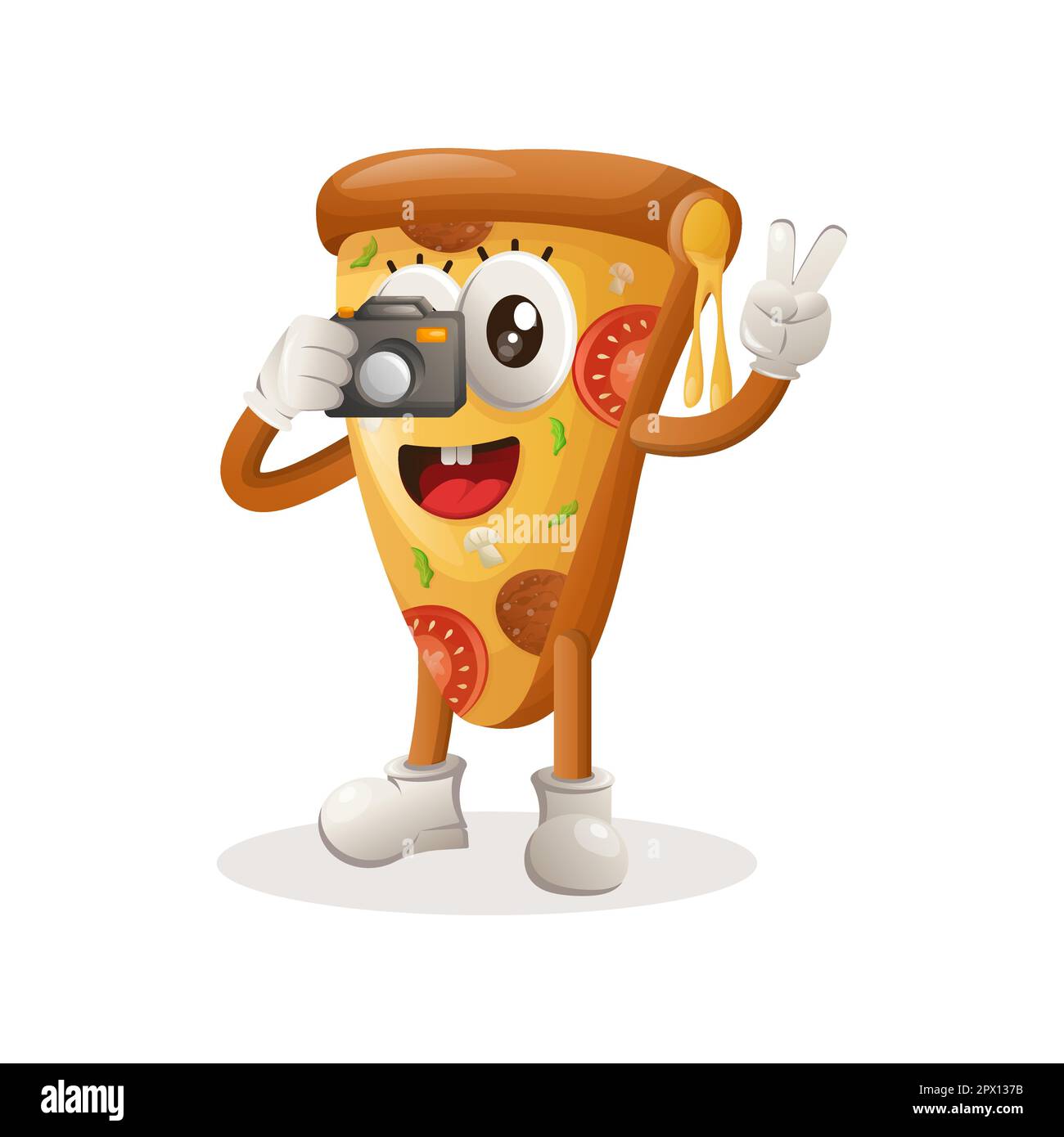 Bella pizza mascotte scattare foto con la macchina fotografica. Perfetto per negozi di alimentari, piccole aziende o e-commerce, merchandising e adesivi, promozione banner, food revi Illustrazione Vettoriale