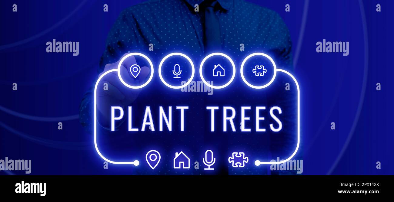 Cartello che mostra alberi di piante, Business vetrina processo di piantatura di un albero per la coltivazione del terreno e la silvicoltura Foto Stock