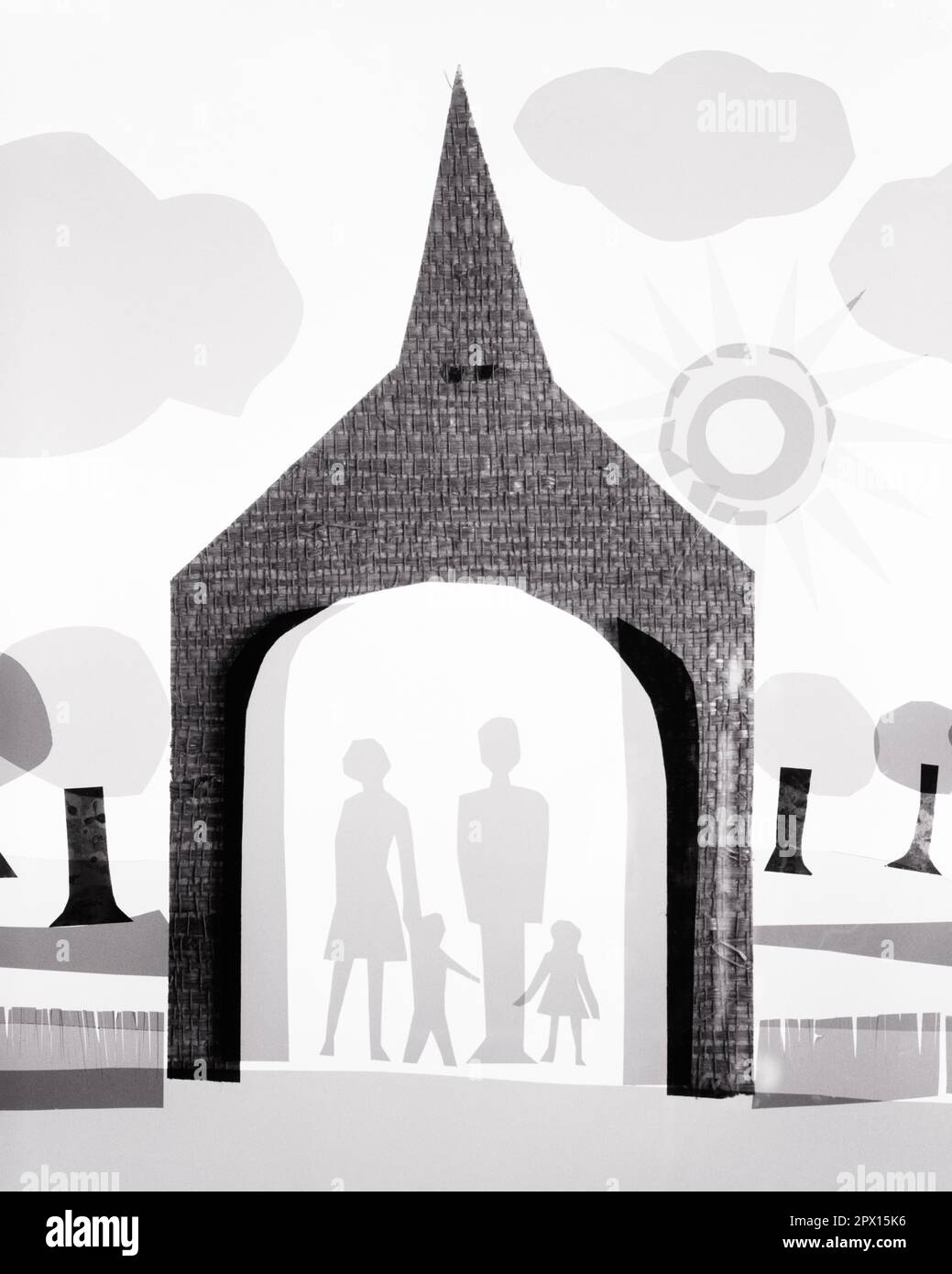 1970S COLLAGE DI FAMIGLIA MADRE PADRE RAGAZZO RAGAZZA IN PIEDI ALL'INTERNO DI UNA CHIESA CAPPELLA - R21962 HAR001 HARS BENVENUTO FIGLI FAMIGLIE GIOIA RELIGIONE FEMMINE COPIA SPAZIO SIGNORE FIGLIE PERSONE ISPIRAZIONE CUTOUT MASCHI SPIRITUALITÀ SORELLE PADRI B&W COLLAGE PAPÀ RELIGIOSE CONNESSIONE CONCETTUALE CHIESE FEDELI FEDE MOMS TOGETHERNESS CULTO CREDENZA BIANCO E NERO CAPPELLA HAR001 VECCHIO STILE Foto Stock