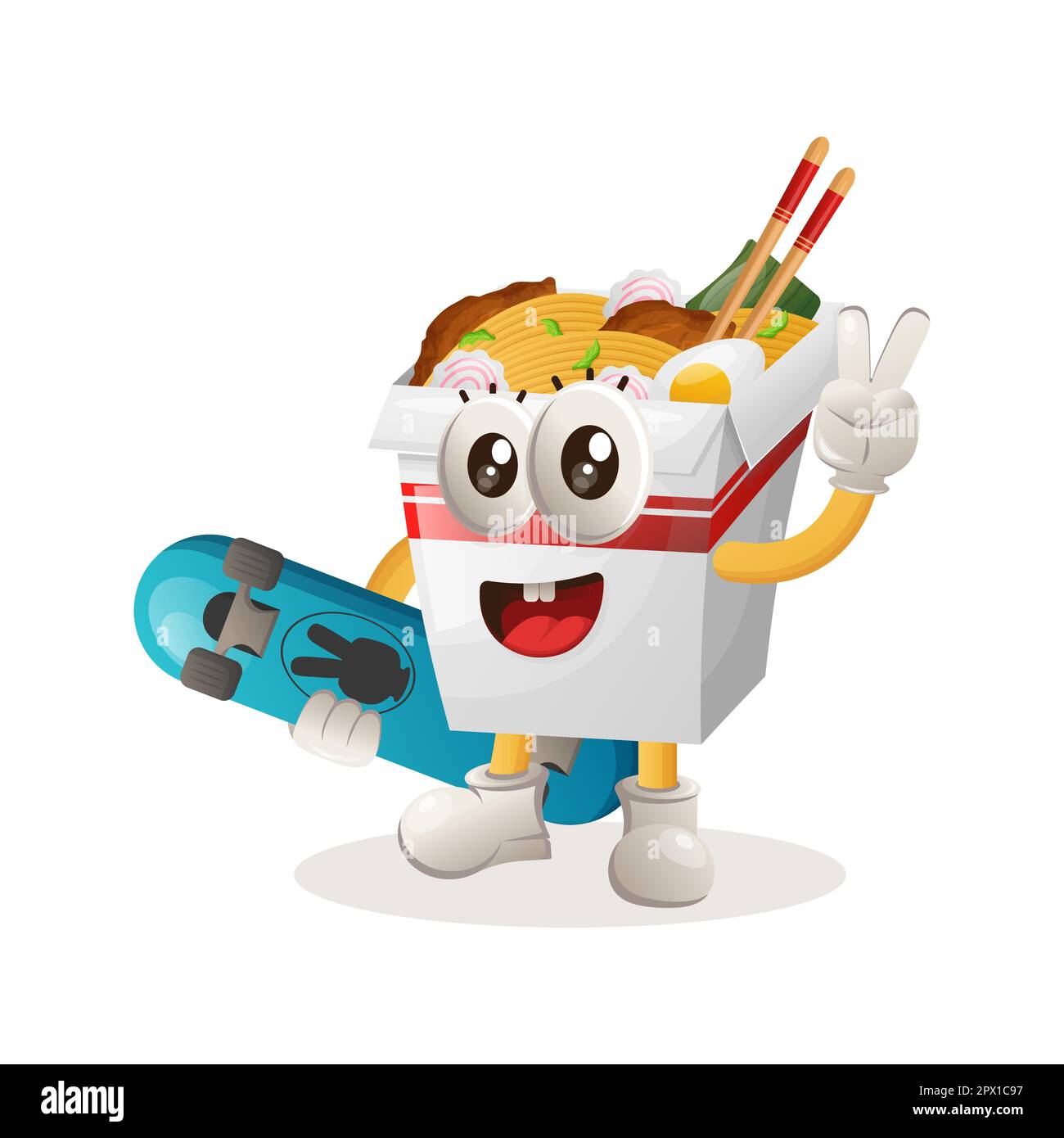 Mascotte ramen carino che trasportano uno skateboard. Perfetto per negozi di alimentari, piccole aziende o e-commerce, merchandising e adesivi, promozione banner, recensione di prodotti alimentari Illustrazione Vettoriale