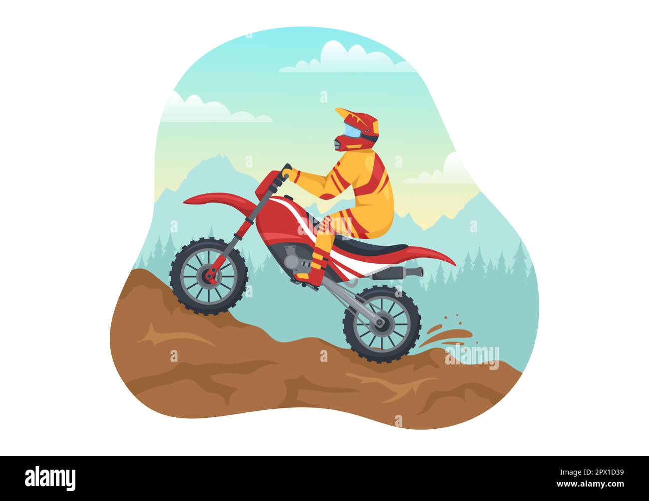 Illustrazione Motocross con un Rider guidare una bici attraverso il fango, strade rocciose e avventura in Extreme Sport Flat Cartoon modello disegnato a mano Foto Stock