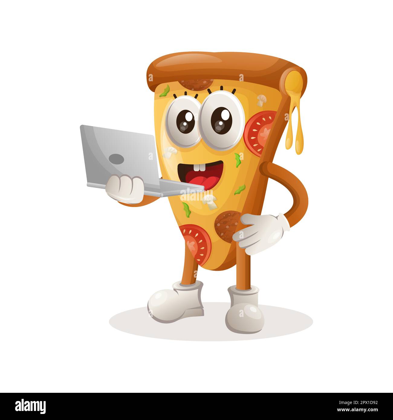 La mascotte della pizza carina funziona usando un laptop. Perfetto per negozi di alimentari, piccole aziende o e-commerce, merchandising e adesivi, promozione banner, recensione di prodotti alimentari Illustrazione Vettoriale