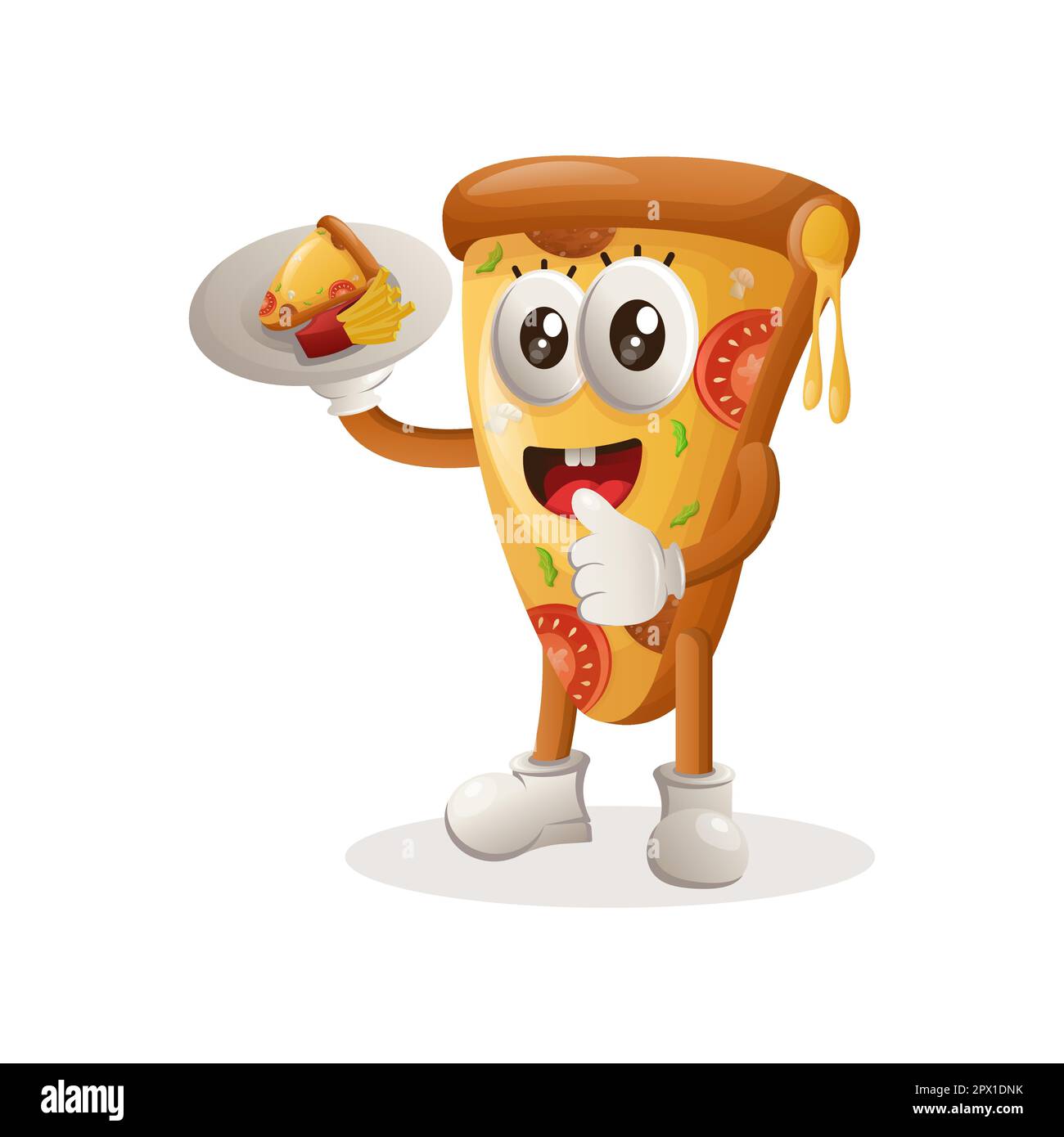 Mascotte pizza carina che serve dessert, camerieri. Perfetto per negozi di alimentari, piccole aziende o e-commerce, merchandising e adesivi, promozione banner, rev food Illustrazione Vettoriale