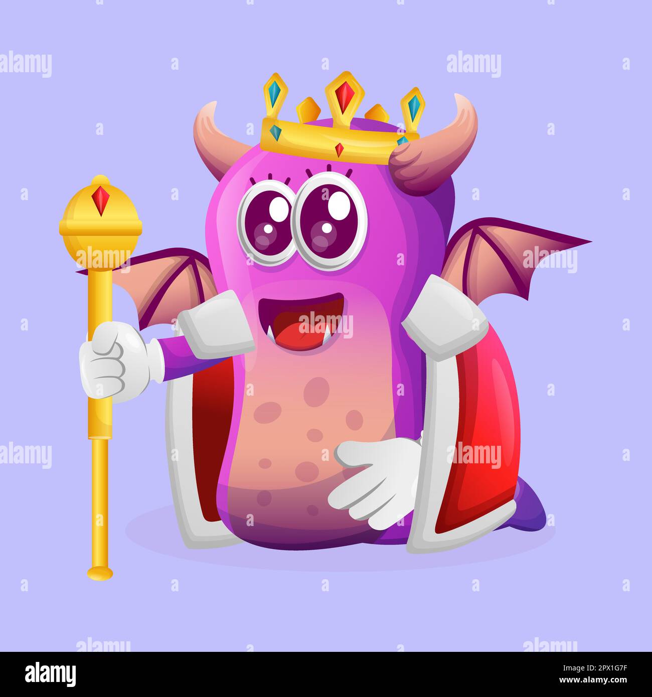 Carino re mostro viola. Ideale per bambini, piccole aziende o e-commerce, merchandising e adesivi, promozione banner, blog o canale vlog Illustrazione Vettoriale