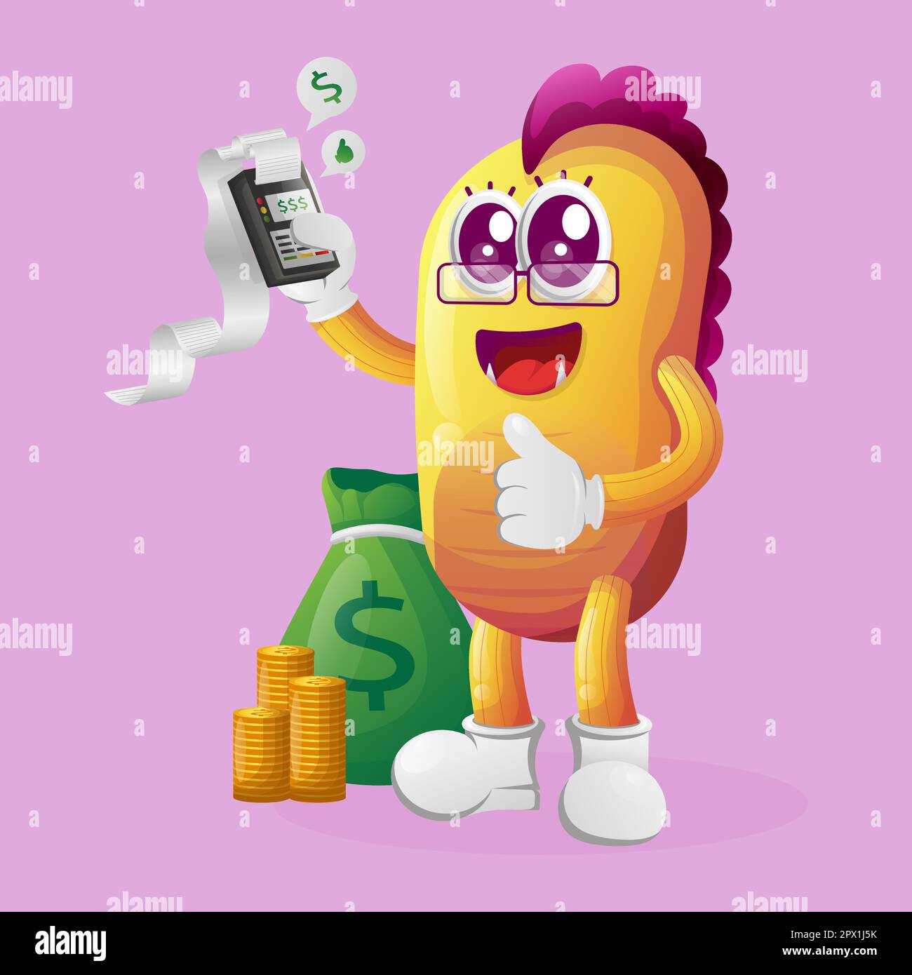 Carino mostro giallo effettuare un pagamento. Ideale per bambini, piccole aziende o e-commerce, merchandising e adesivi, promozione banner, blog o canale vlog Illustrazione Vettoriale