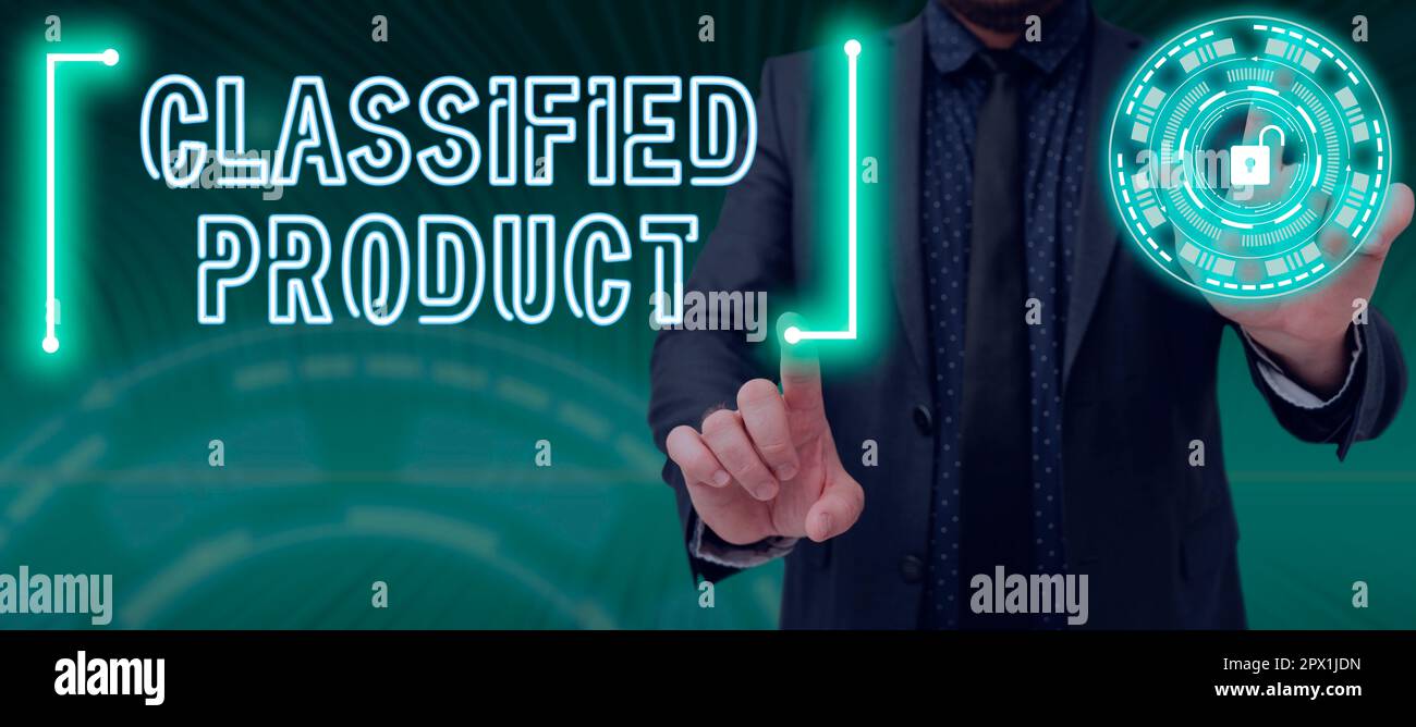 Segno di testo che mostra prodotto classificato, Word per dati sensibili Top Secret divulgazione non autorizzata Foto Stock