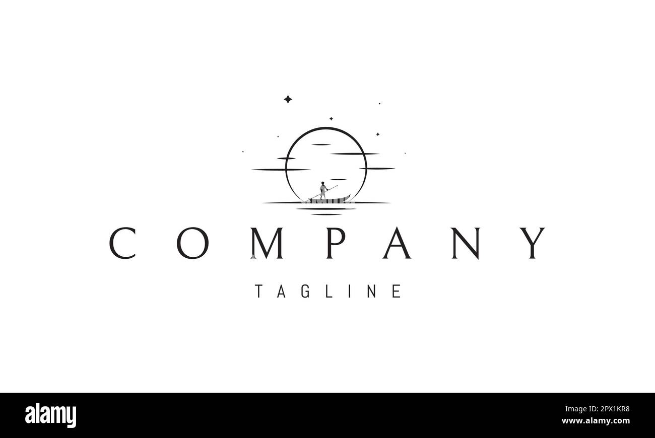 Logo vettoriale su cui un'immagine astratta di un pescatore in una barca sullo sfondo del sole tramontante. Illustrazione Vettoriale