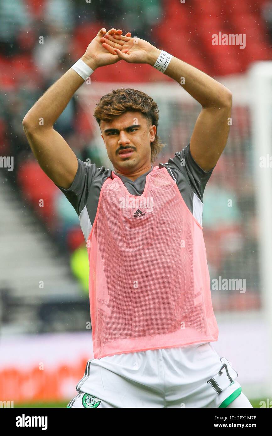 jota, joao neves filipe, calciatore, attualmente in gioco per il Celtic FC, Glasgow, durante una sessione di allenamento e riscaldamento ad Hampden Park, Glasgow, Foto Stock