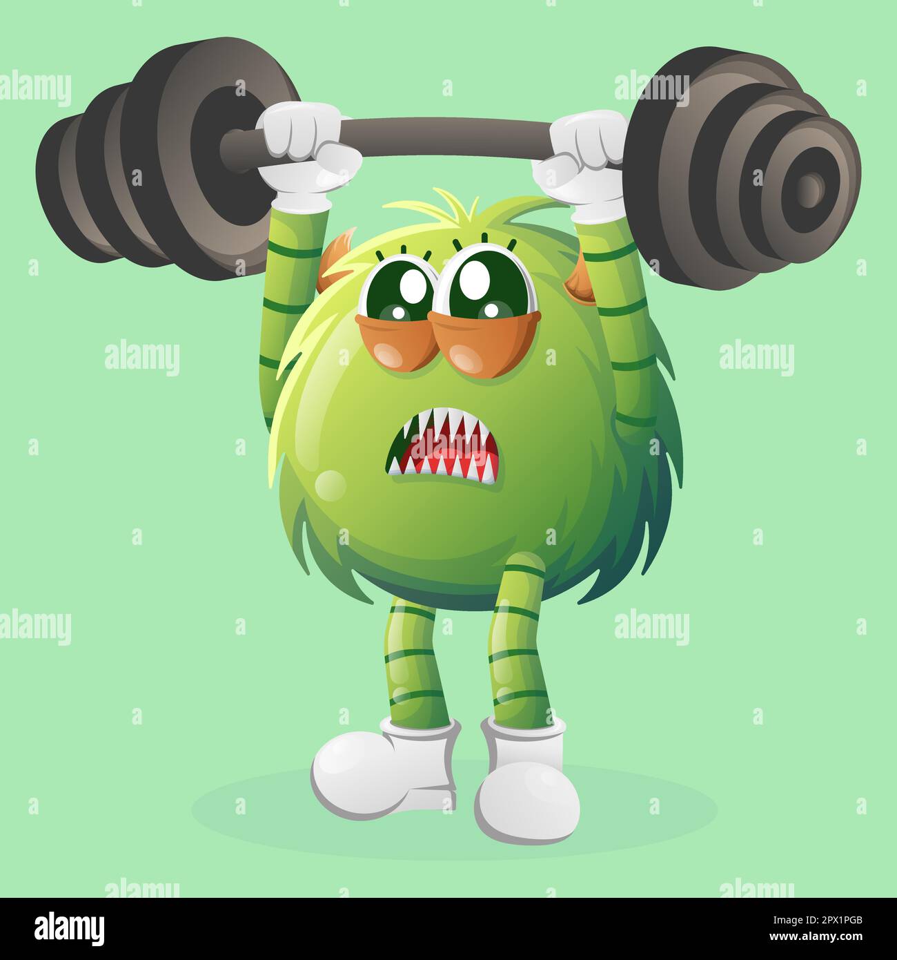 Bodybuilding di mostro verde carino con i muscoli flessionanti del barbell. Perfetto per bambini, piccole aziende o e-commerce, merchandising e adesivi, promozione banner Illustrazione Vettoriale