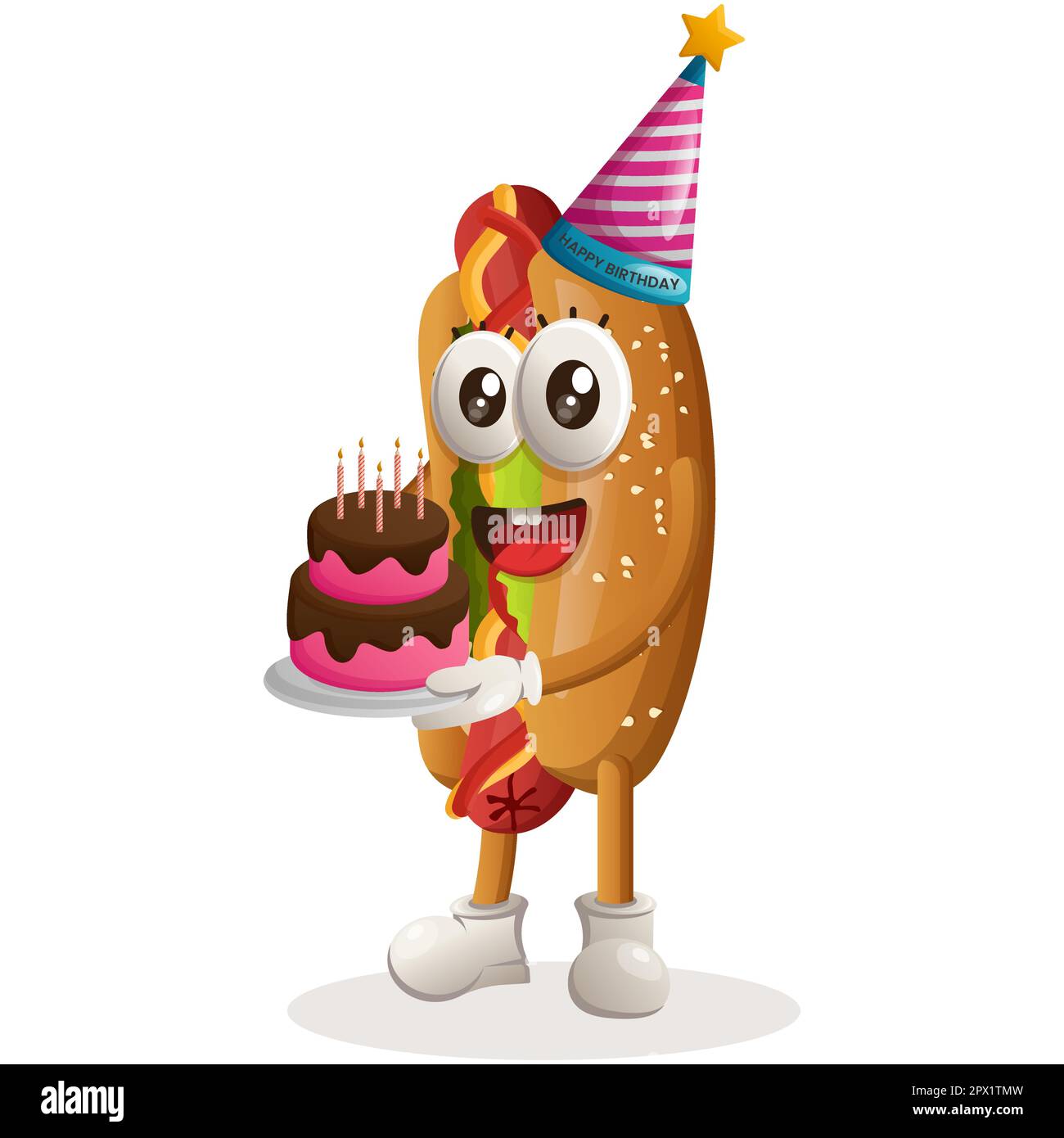 Mascotte hotdog carino indossando un cappello di compleanno, tenendo torta di compleanno. Perfetto per negozi di alimentari, piccole aziende o e-commerce, articoli di merchandising e adesivi, banne Illustrazione Vettoriale