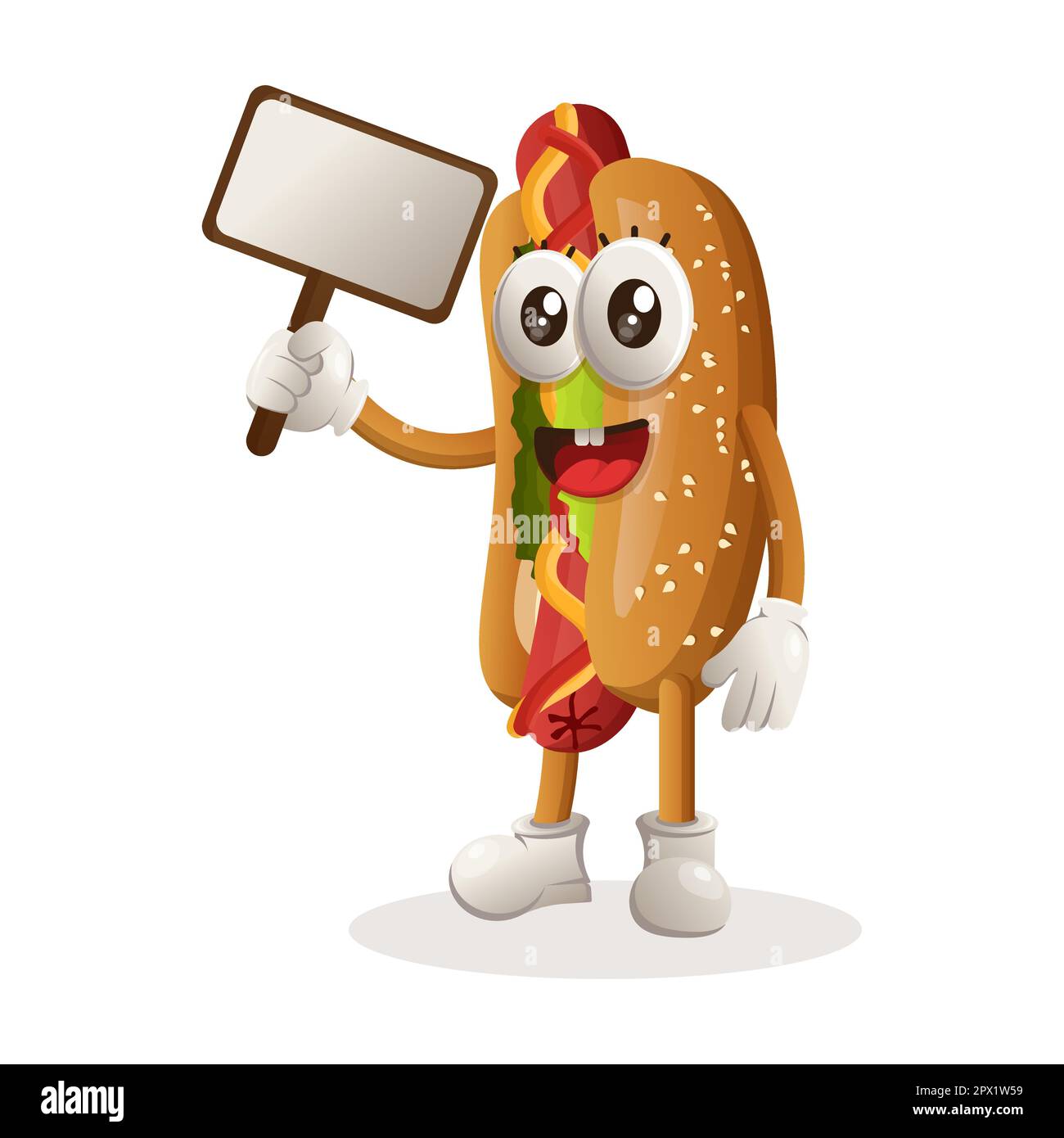 Mascotte hotdog carino che tiene le affissioni per la vendita. Perfetto per negozi di alimentari, piccole aziende o e-commerce, merchandising e adesivi, promozione banner, cibo Illustrazione Vettoriale