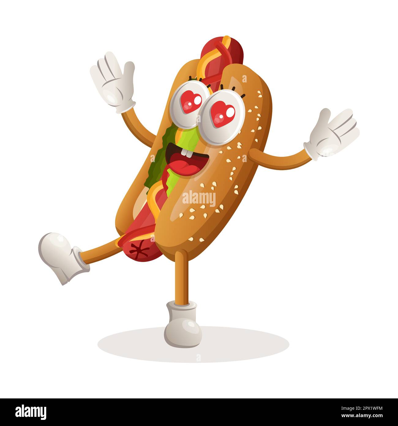La mascotte del hotdog carina giocosa e felice. Perfetto per negozi di alimentari, piccole aziende o e-commerce, merchandising e adesivi, promozione banner, recensione di alimenti Illustrazione Vettoriale