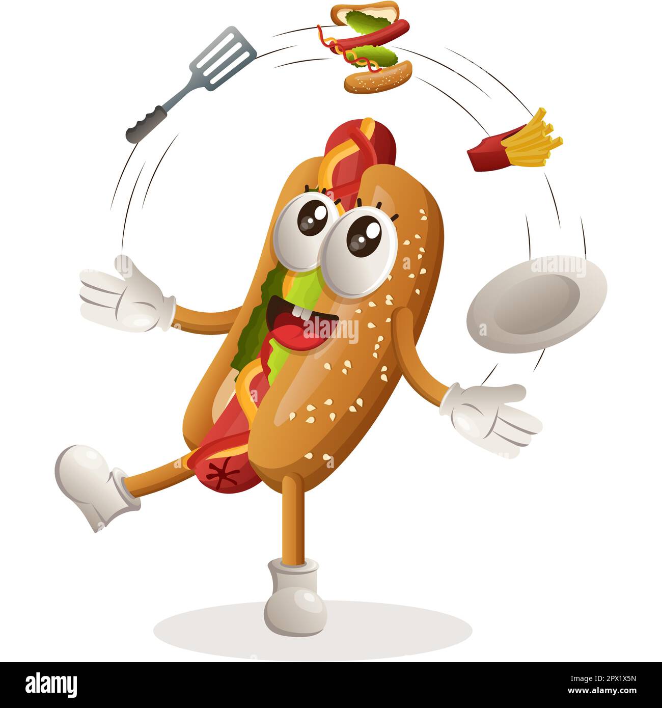 Cute hotdog mascotte freestyle con hotdog. Perfetto per negozi di alimentari, piccole aziende o e-commerce, merchandising e adesivi, promozione banner, food request Illustrazione Vettoriale