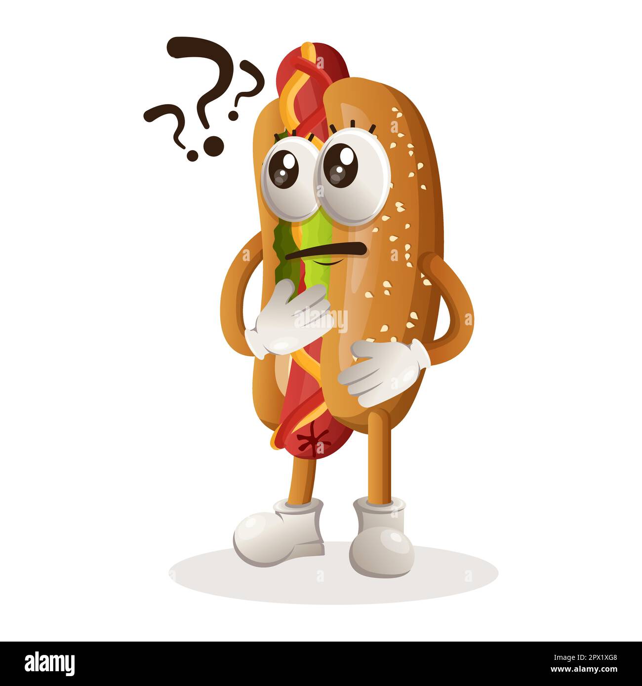 Cute hotdog mascotte fare domande. Perfetto per negozi di alimentari, piccole imprese o e-commerce, merchandise adesivi, promozione banner, blog di revisione alimentare Illustrazione Vettoriale